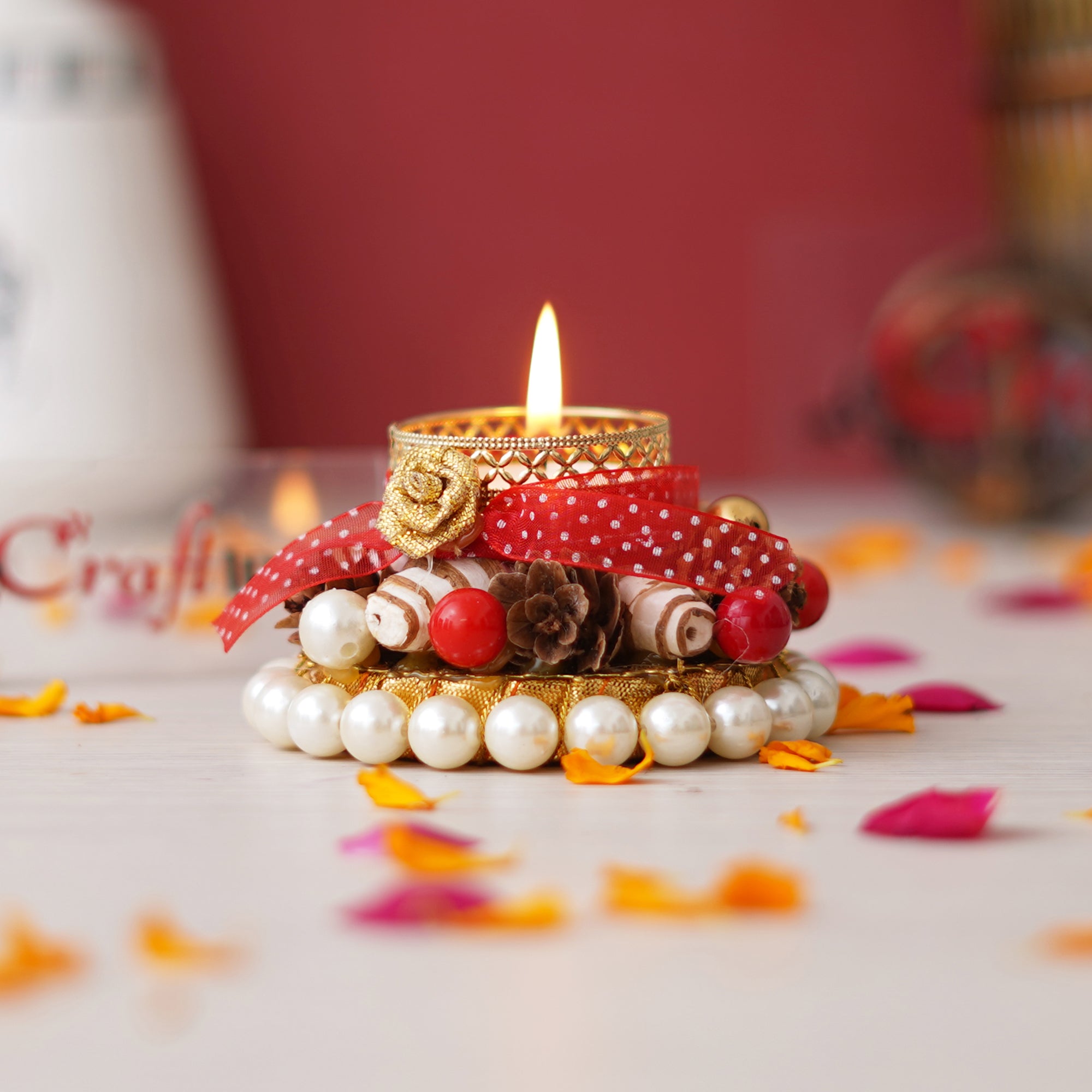 eCraftIndia Floral and Beads Decorative Tea Light Candle Holder 4