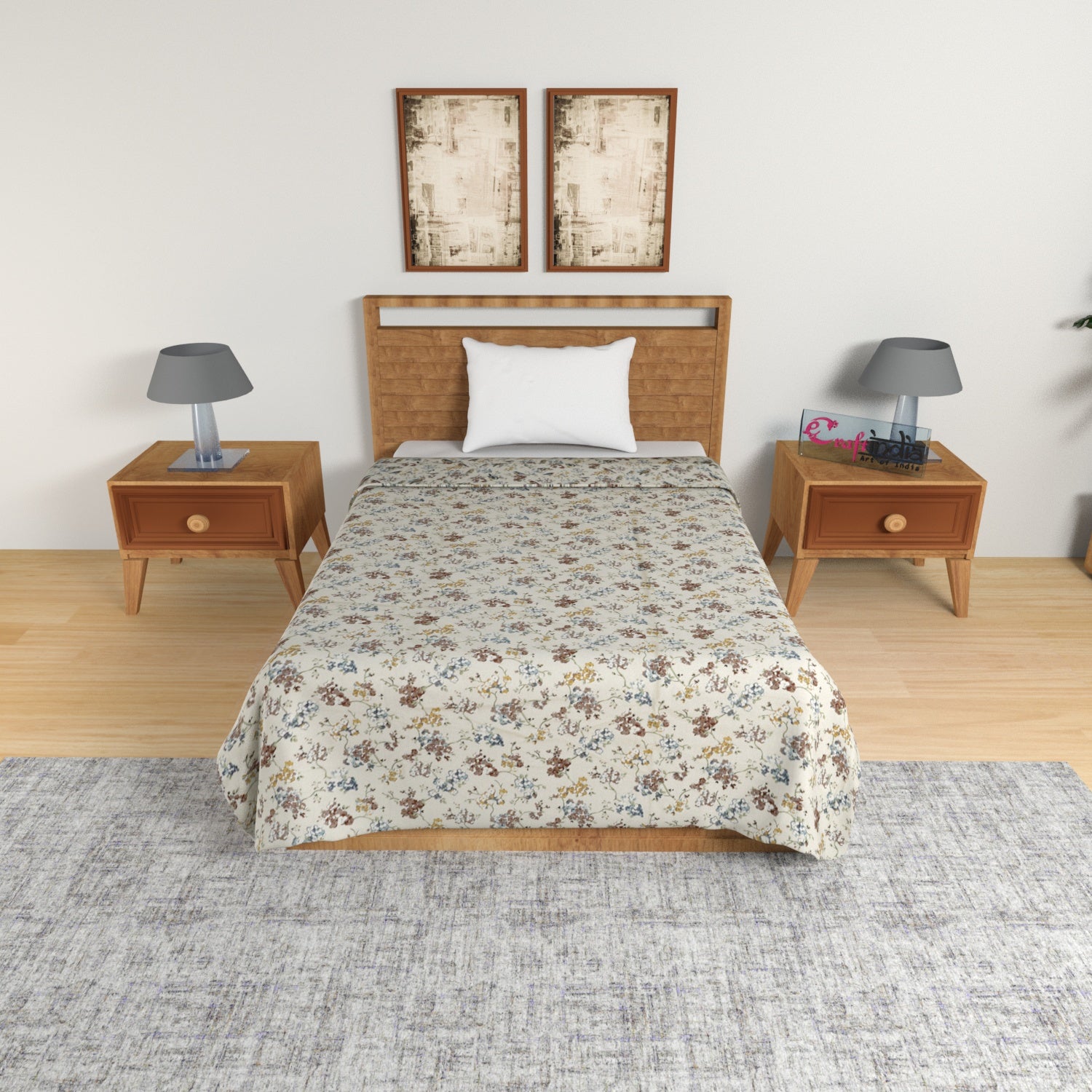Brown and Blue Birds & Floral Print Single Bed Reversible AC Cotton Dohar 2