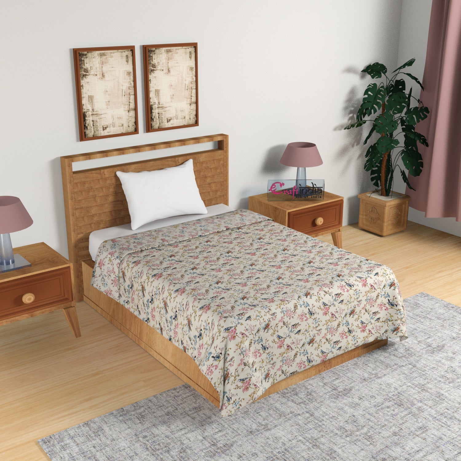 Pink and Blue Birds & Floral Print Single Bed Reversible AC Cotton Dohar