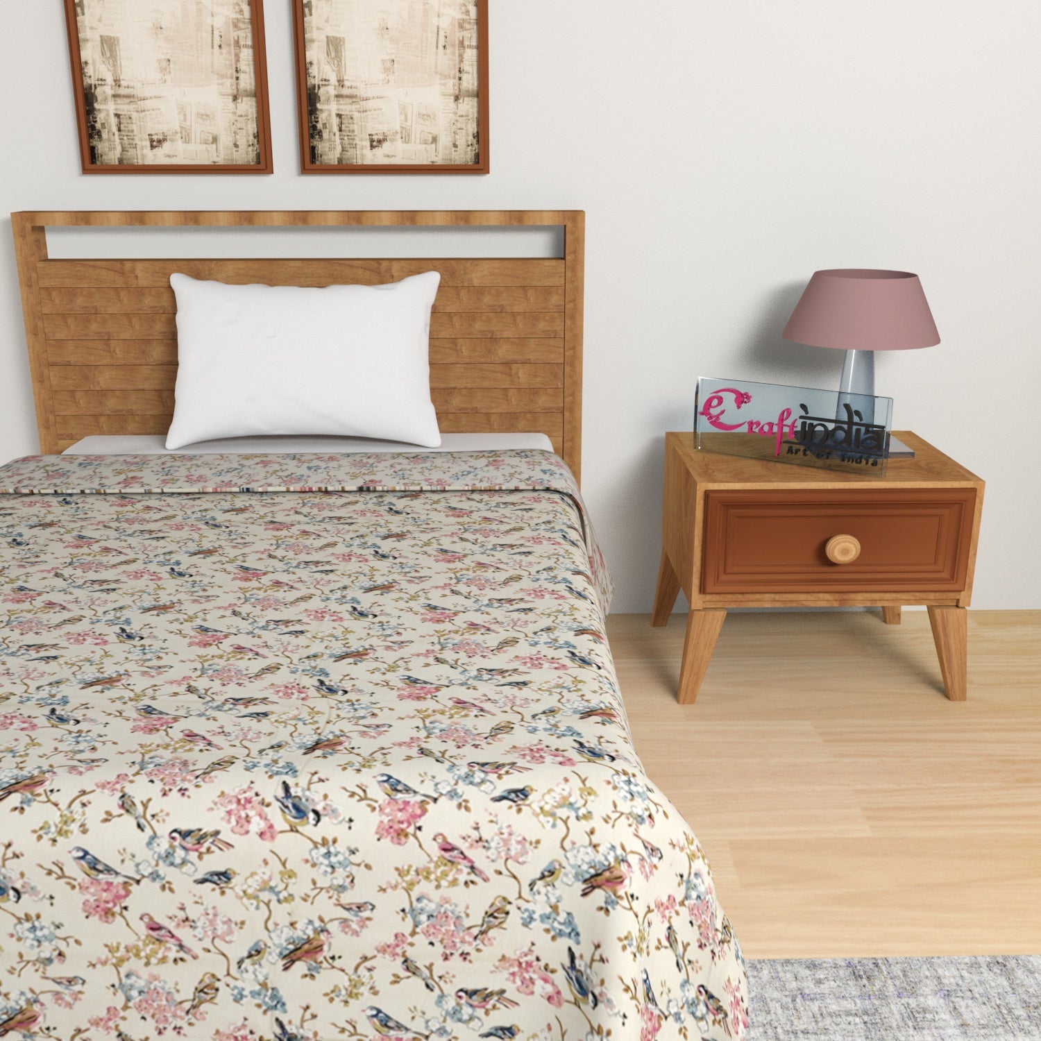 Pink and Blue Birds & Floral Print Single Bed Reversible AC Cotton Dohar 3