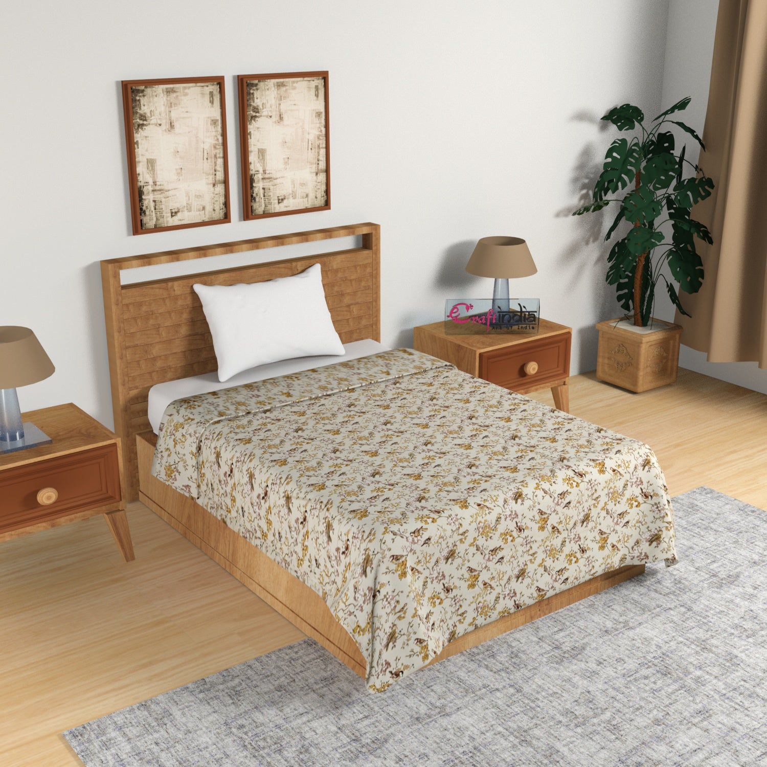 Yellow and Brown Birds & Floral Print Single Bed Reversible AC Cotton Dohar