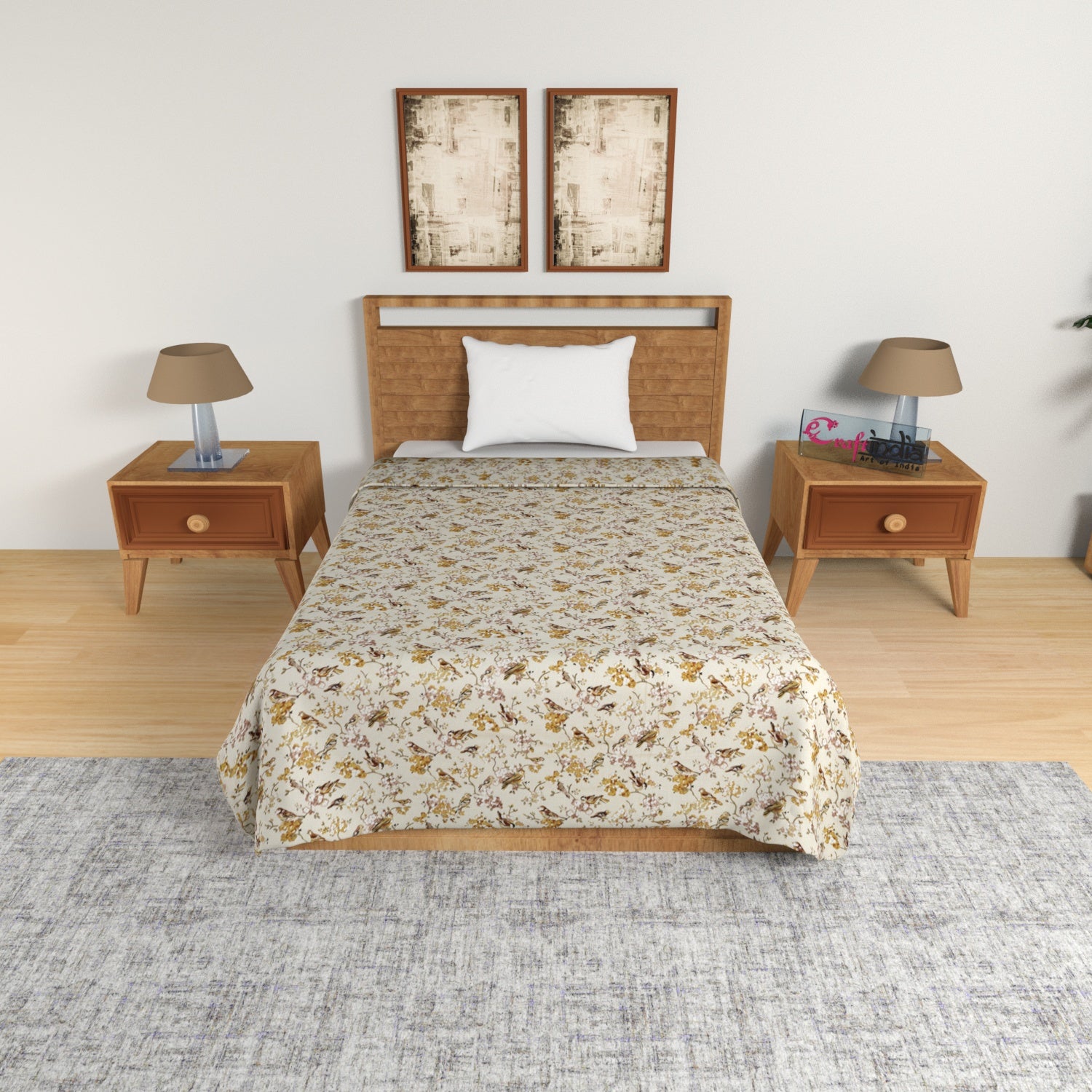 Yellow and Brown Birds & Floral Print Single Bed Reversible AC Cotton Dohar 1