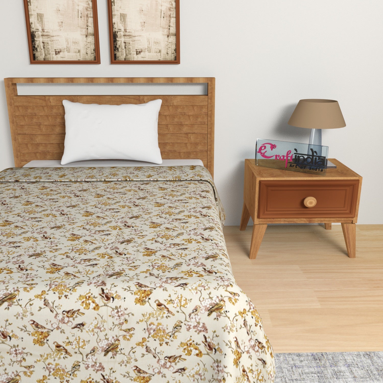 Yellow and Brown Birds & Floral Print Single Bed Reversible AC Cotton Dohar 2