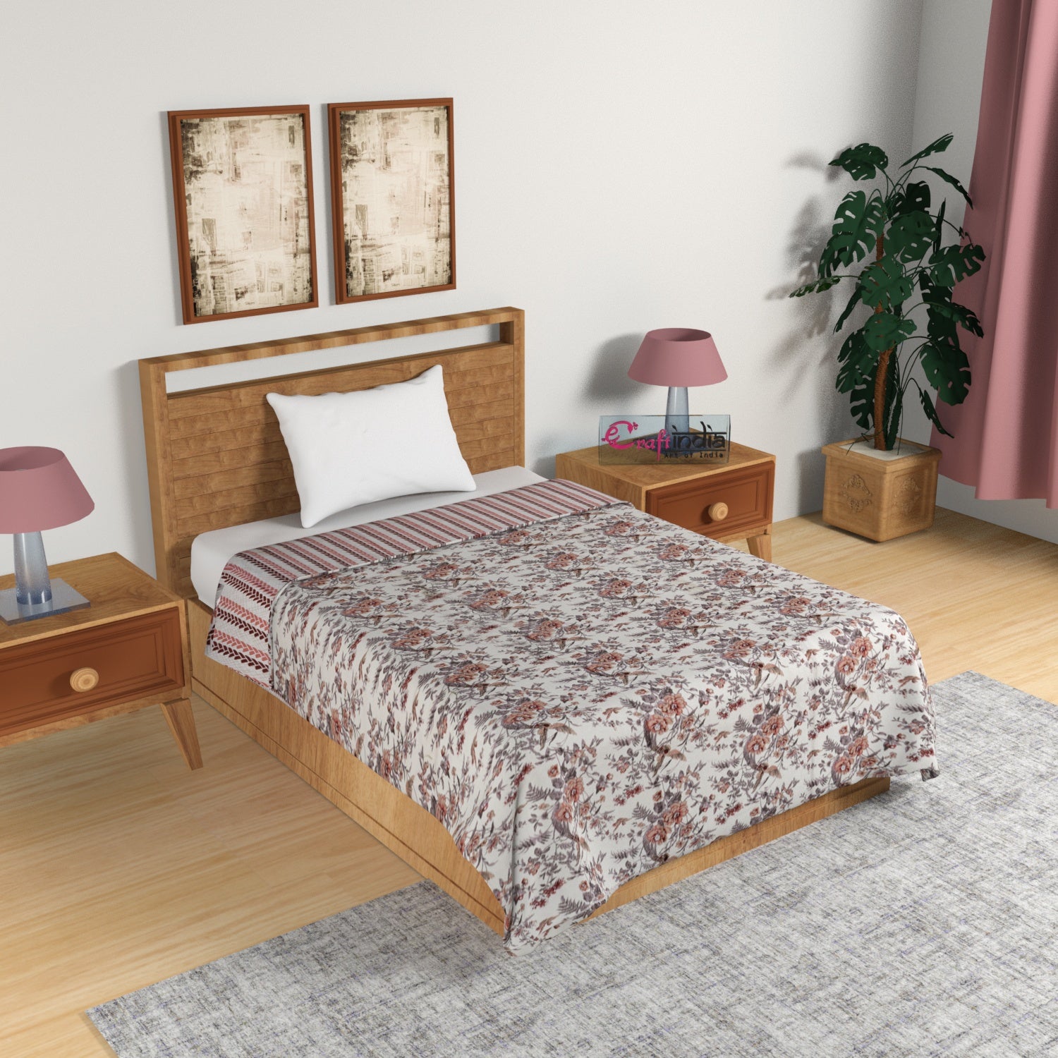 Brown, Pink and Grey Floral Print Single Bed Reversible AC Cotton Dohar