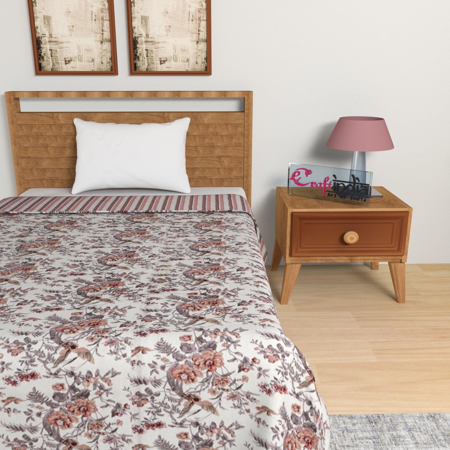Brown, Pink and Grey Floral Print Single Bed Reversible AC Cotton Dohar 3