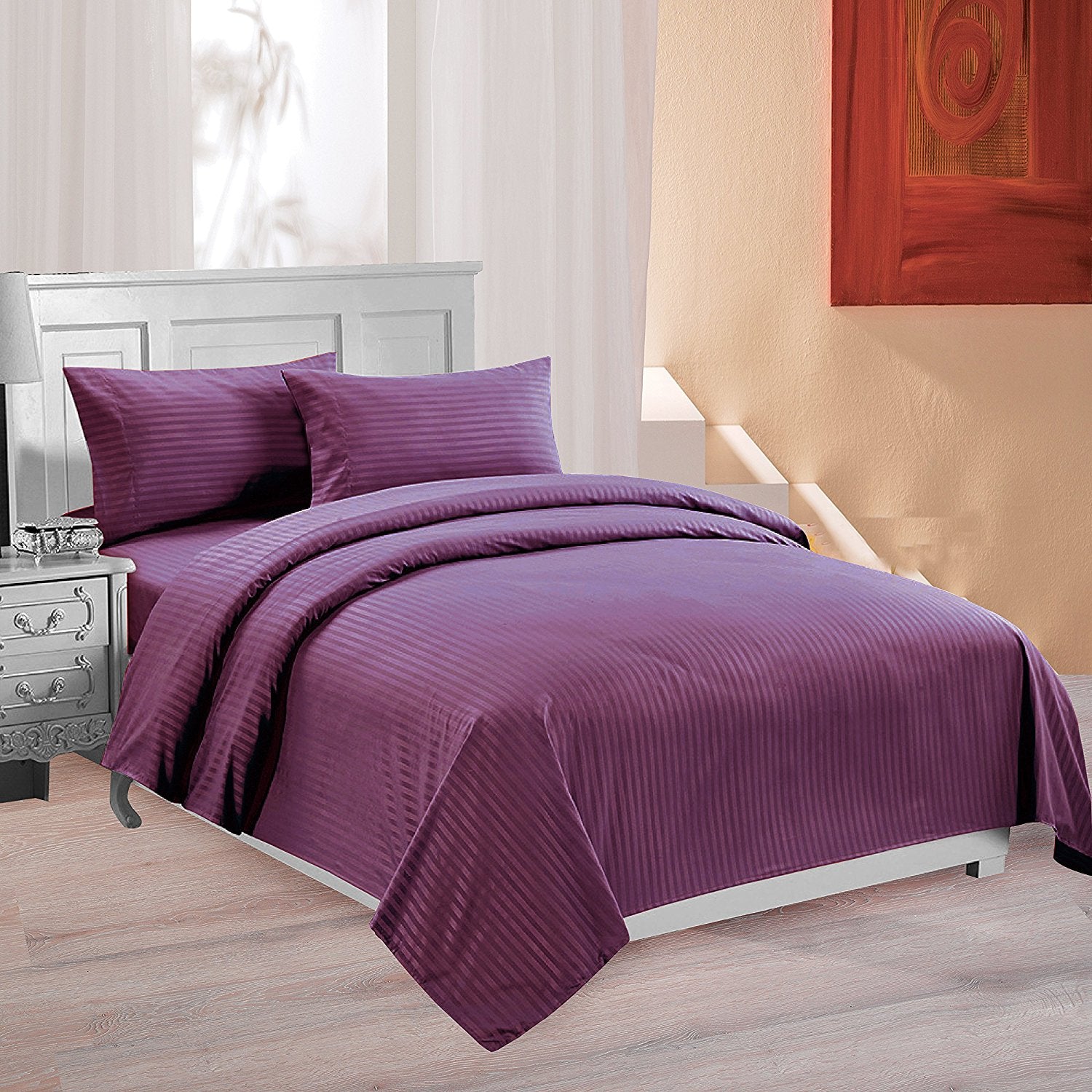 Purple Stripes Designer Cotton Satin Double Bed King Size Bedsheet With 2 Pillow Covers