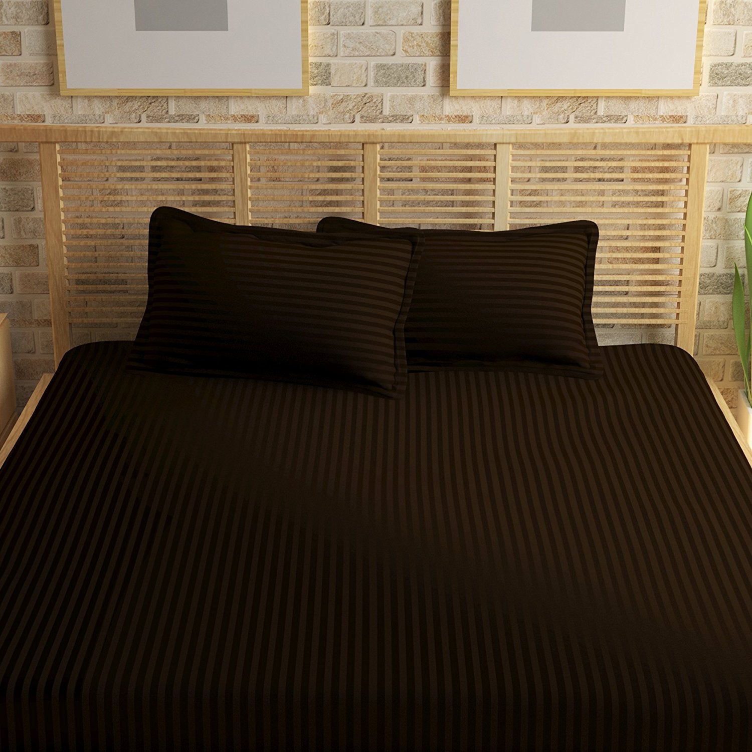 210 TC Premium Luxury Cotton Satin Striped Double Bed King Size Bedsheet (100 In x 108 In) with 2 pillow cover - Dark Brown 1