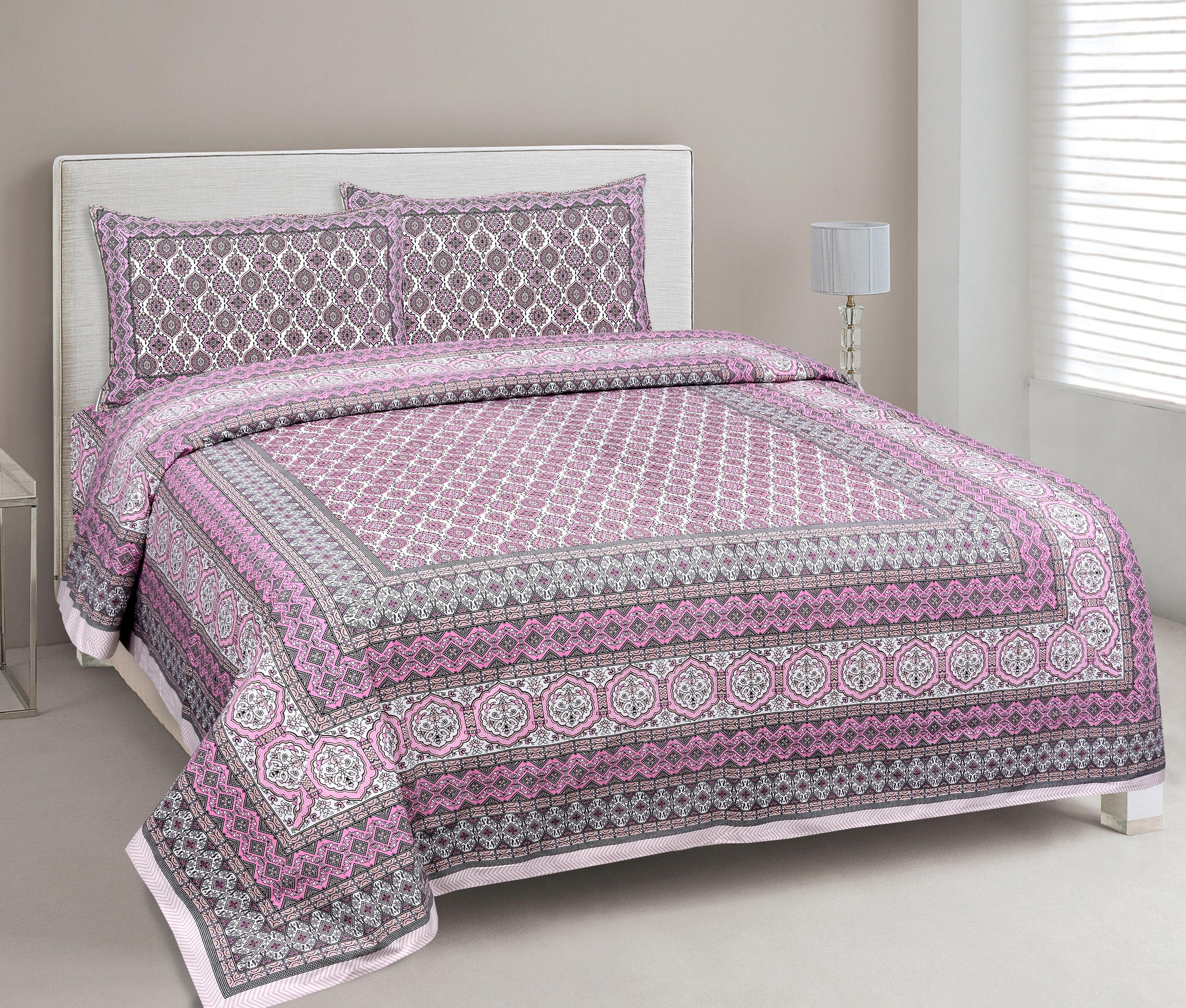 144 TC Pure Cotton Premium Ethnic Jaipuri Print Double Bed Bedsheet (90 In x 108 In) with 2 pillow cover - Pink