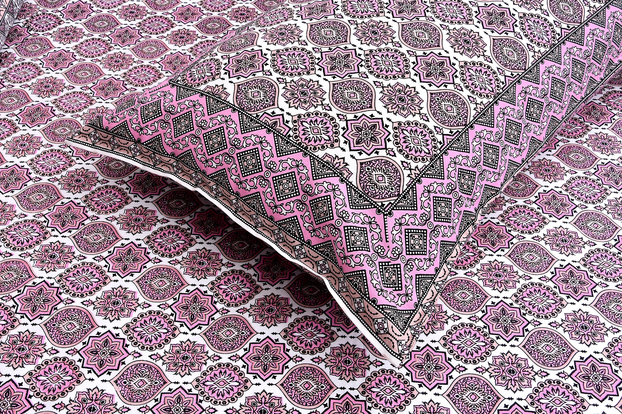 144 TC Pure Cotton Premium Ethnic Jaipuri Print Double Bed Bedsheet (90 In x 108 In) with 2 pillow cover - Pink 2