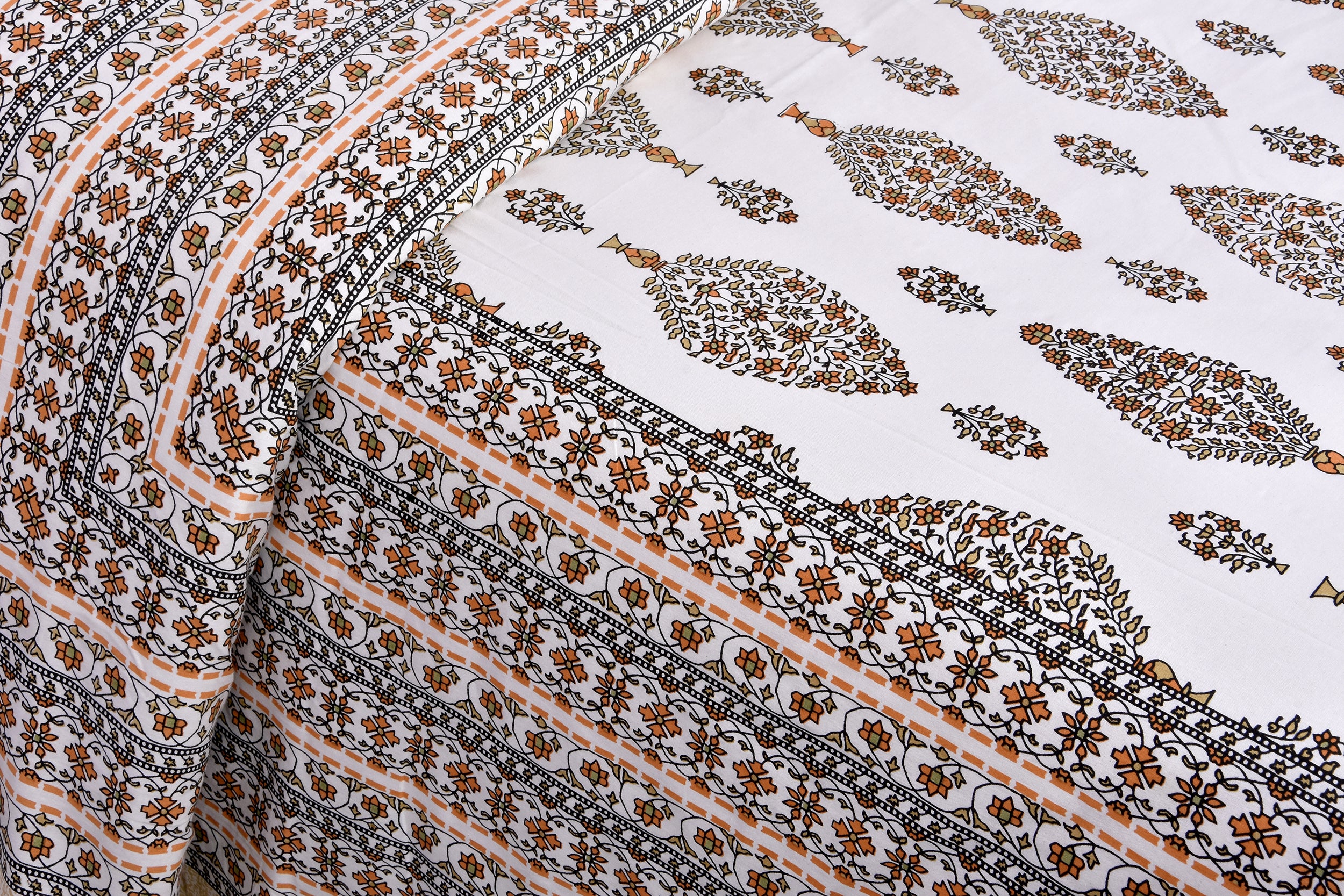 144 TC Pure Cotton Premium Ethnic Jaipuri Print Double Bed Bedsheet (90 In x 108 In) with 2 pillow cover - Orange 1