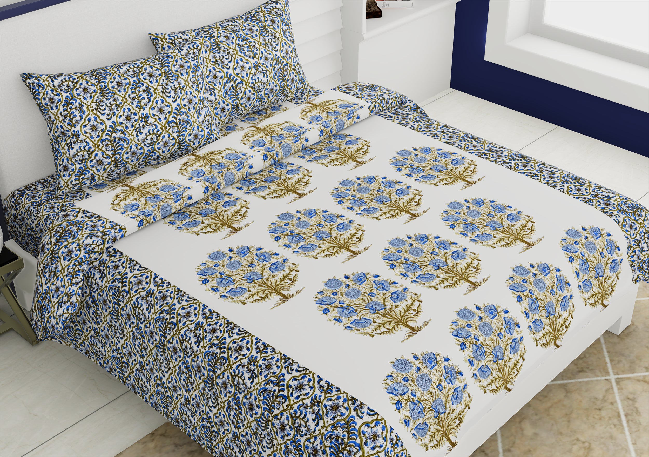Pure Cotton Floral Printed Designer Double Bed Bedsheet With 2 Pillow Covers