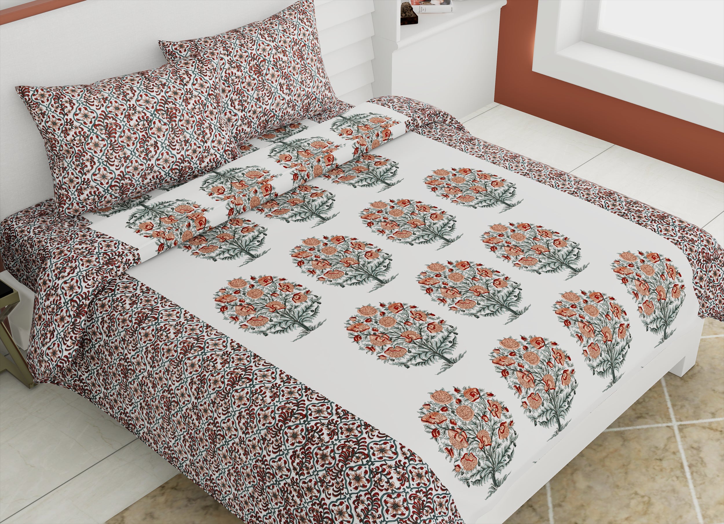 144 TC Pure Cotton Premium Floral Print Double Bed Bedsheet (90 In x 108 In) with 2 pillow cover - Orange