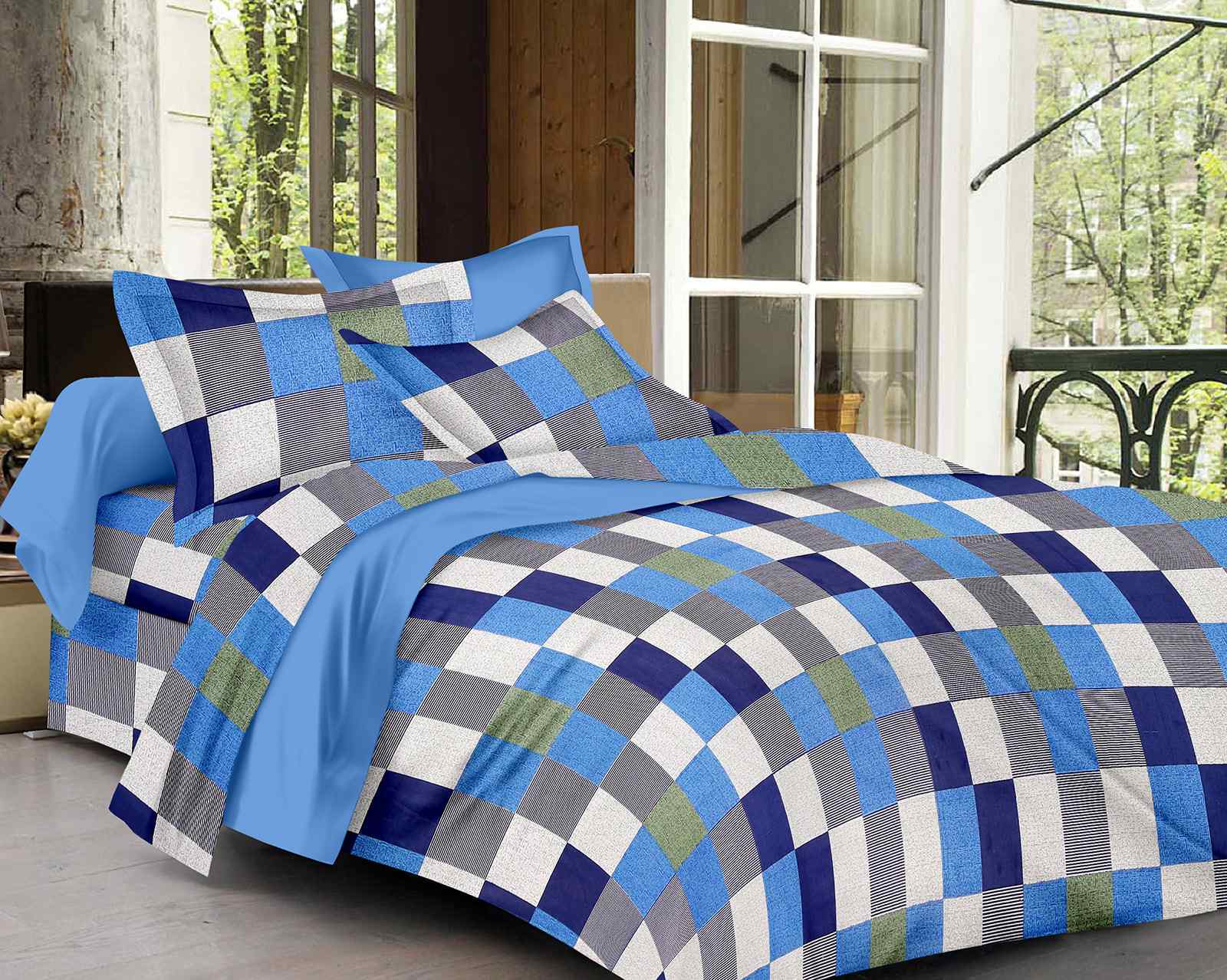 144 TC Pure Cotton Checkered Print Double Bed Bedsheet (90 In x 108 In) with 2 pillow cover - Blue