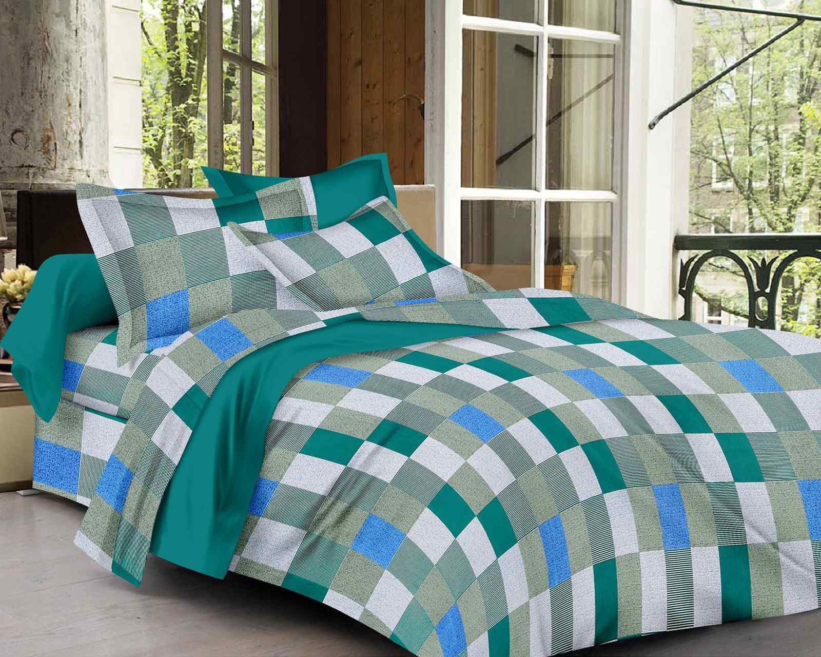 144 TC Pure Cotton Checkered Print Double Bed Bedsheet (90 In x 108 In) with 2 pillow cover - Green