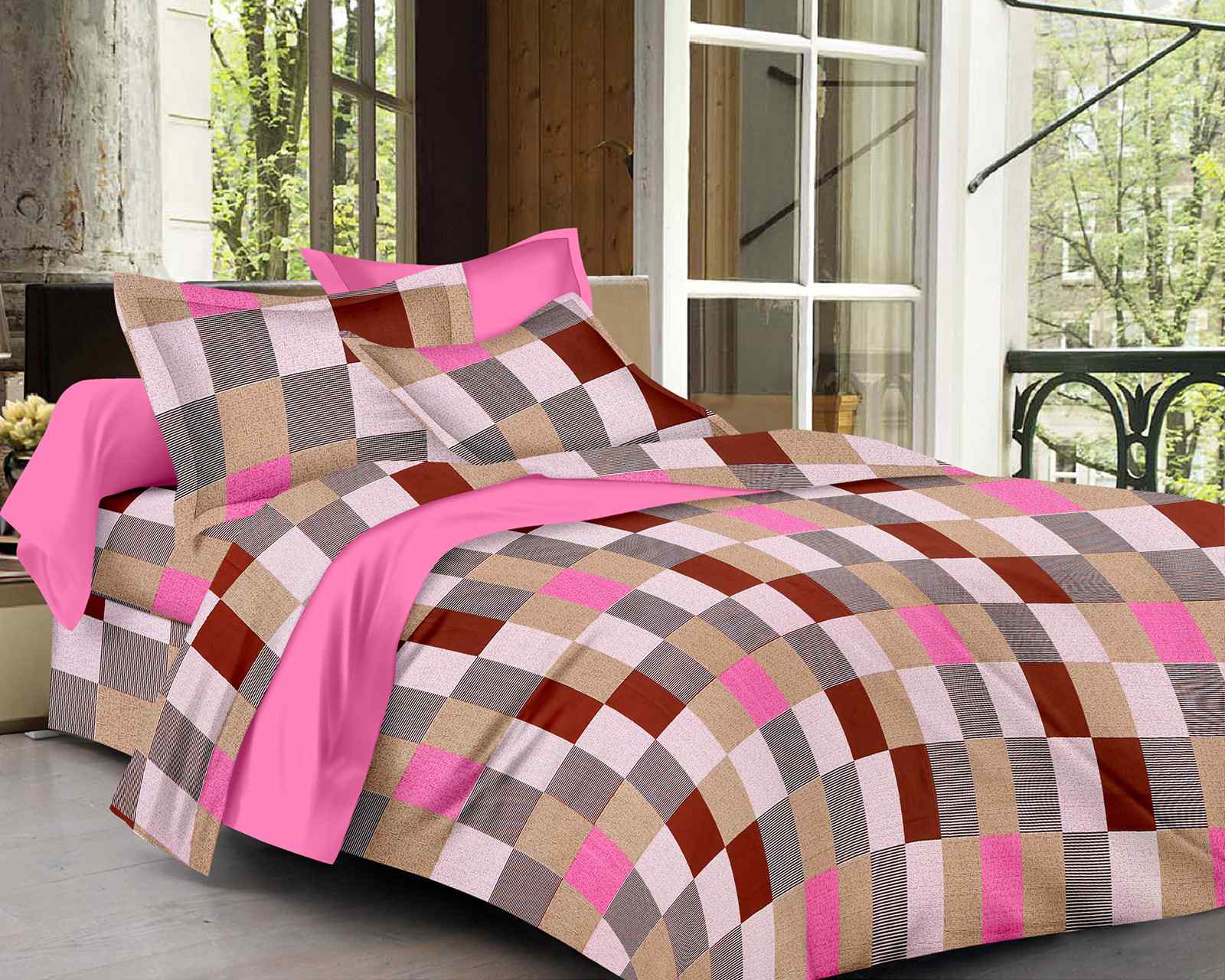 Pure Cotton Checkered Printed Designer Double Bed Bedsheet With 2 Pillow Covers