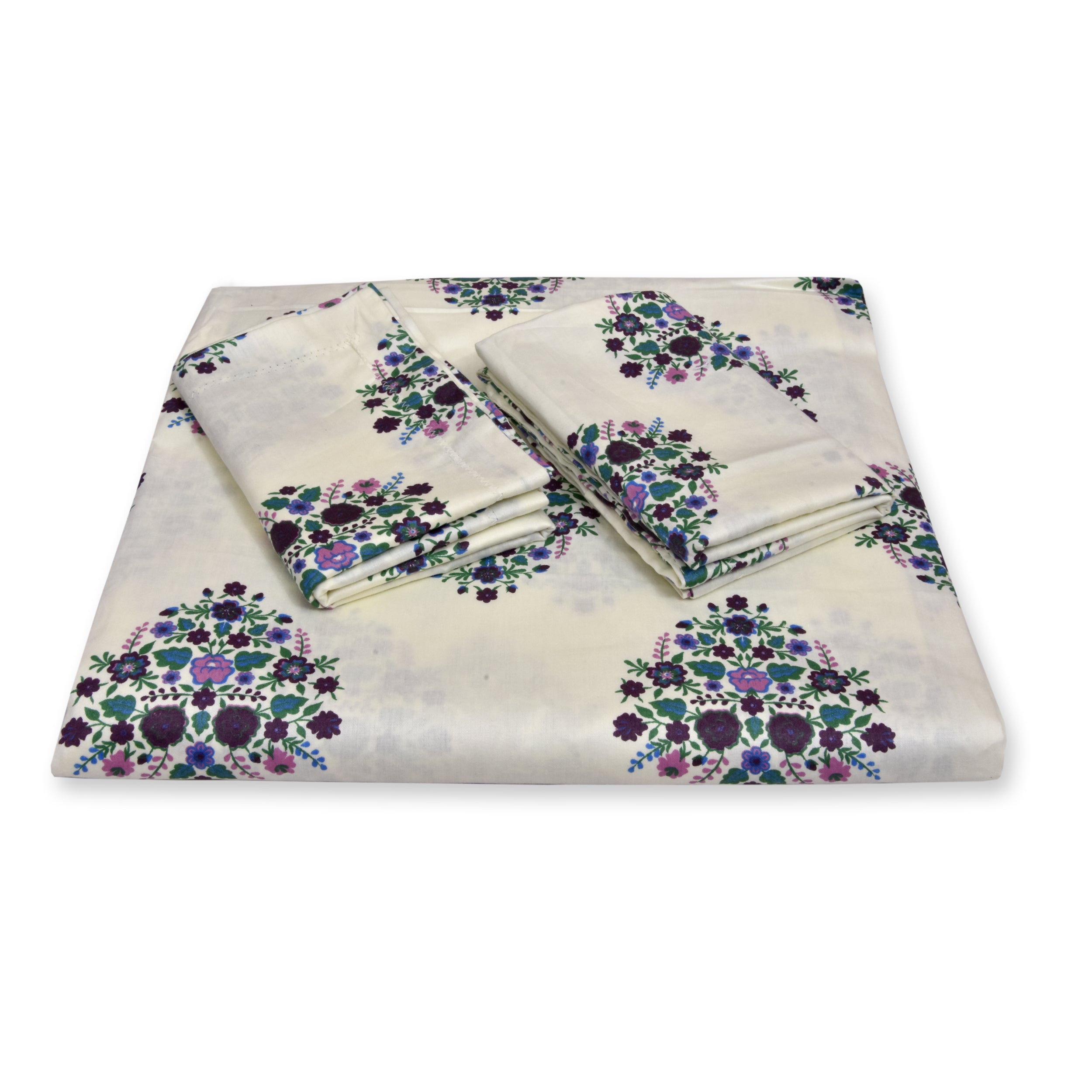 250 TC Pure Cotton Floral Print Premium Double Bed Bedsheet (100 In x 108 In) with 2 pillow cover - Beige, Green and Purple 3