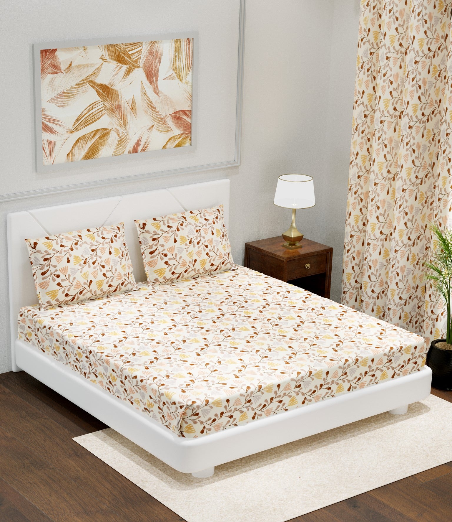 250 TC Pure Cotton Floral Print Premium Double Bed Bedsheet (100 In x 108 In) with 2 pillow cover - Beige, Brown and Orange