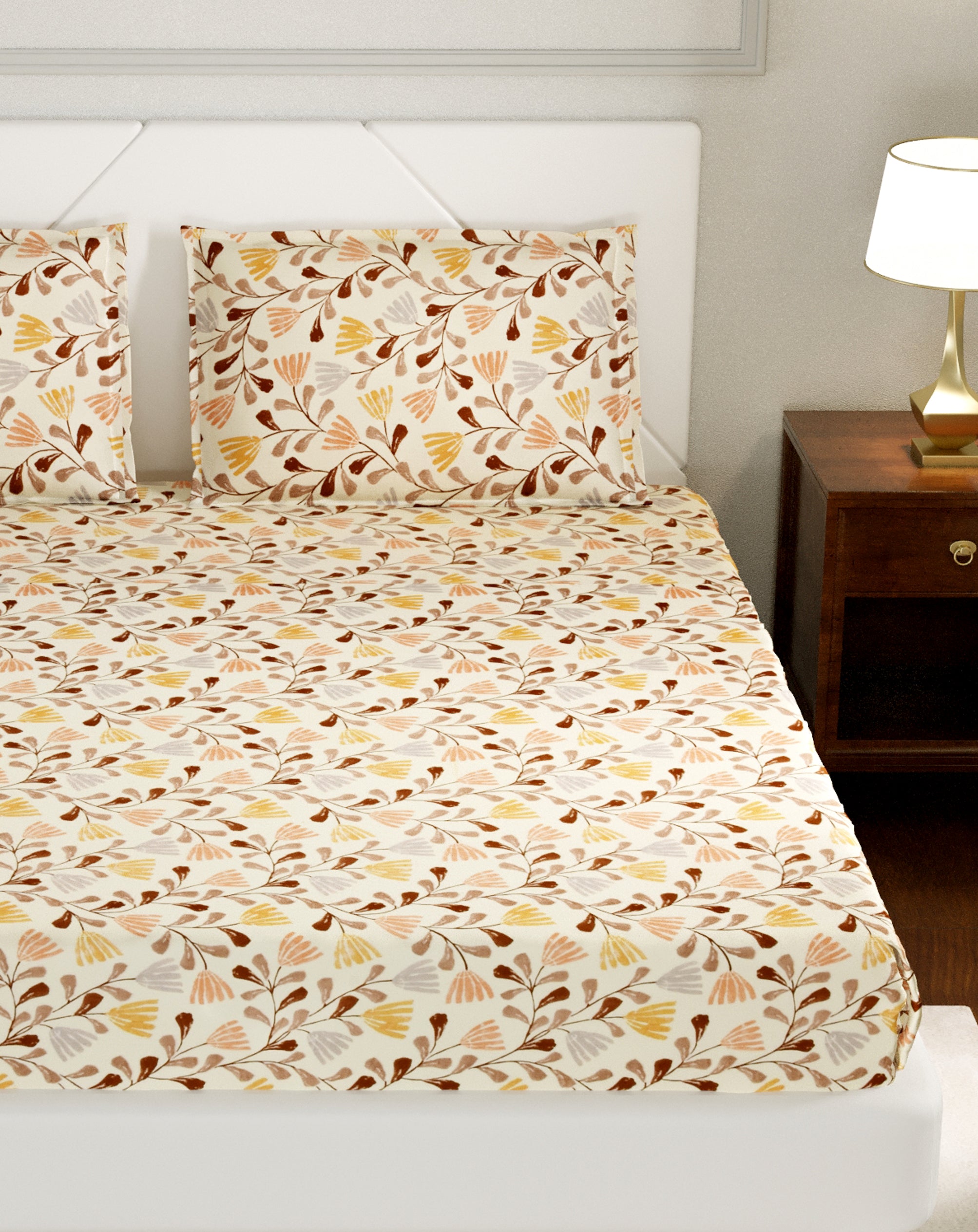250 TC Pure Cotton Floral Print Premium Double Bed Bedsheet (100 In x 108 In) with 2 pillow cover - Beige, Brown and Orange 2