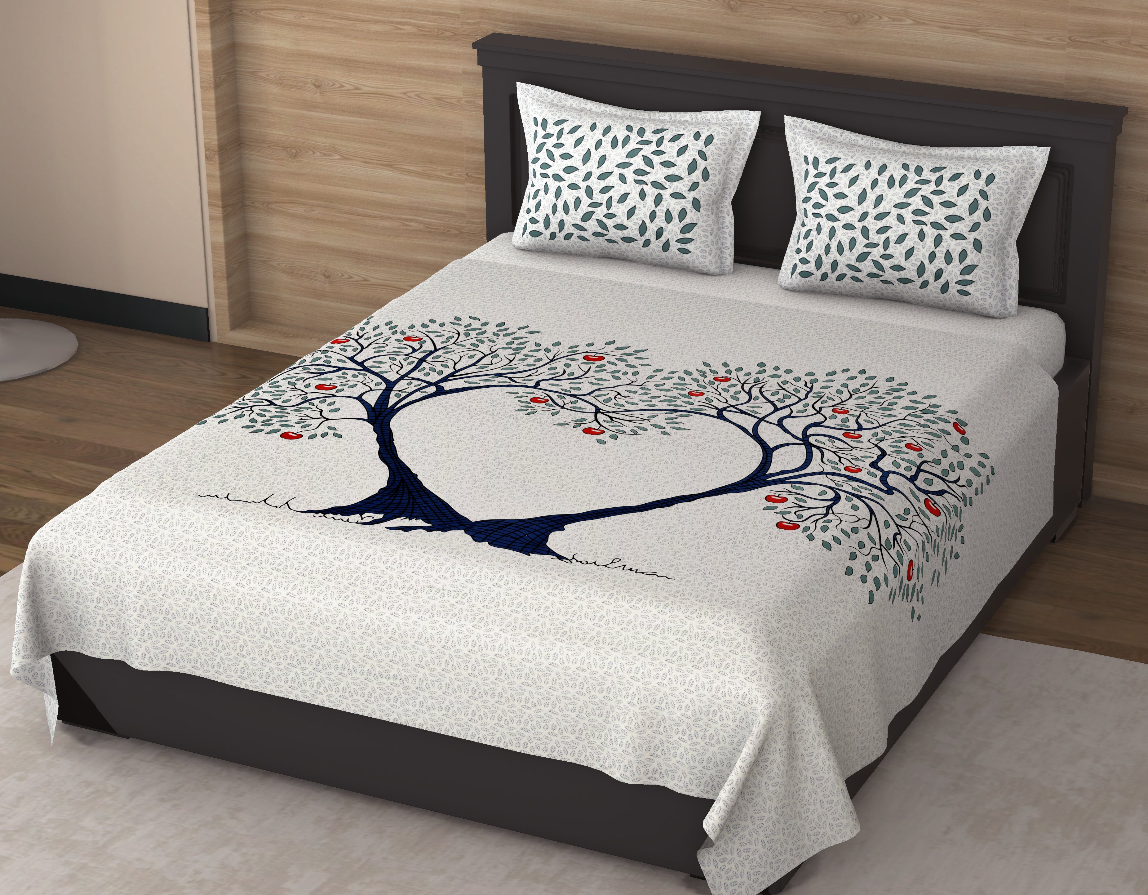 180 TC Pure Cotton Premium Double Bed King Size Heart Formation by Apple Trees Design Bedsheet (100 In x 108 In) with 2 pillow cover - Green and Blue