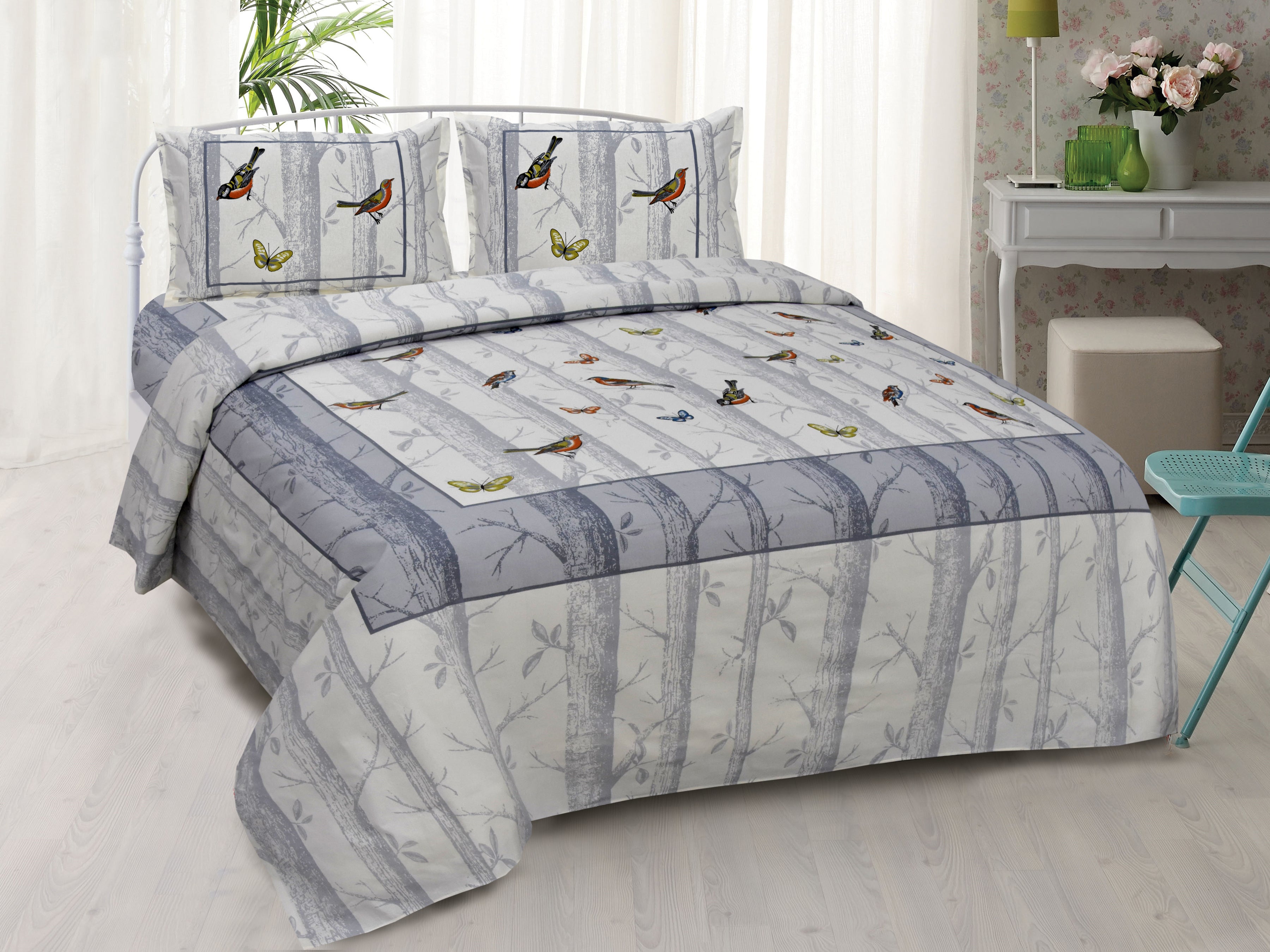 180 TC Pure Cotton Premium Double Bed King Size Birds Design Bedsheet (100 In x 108 In) with 2 pillow cover - Grey
