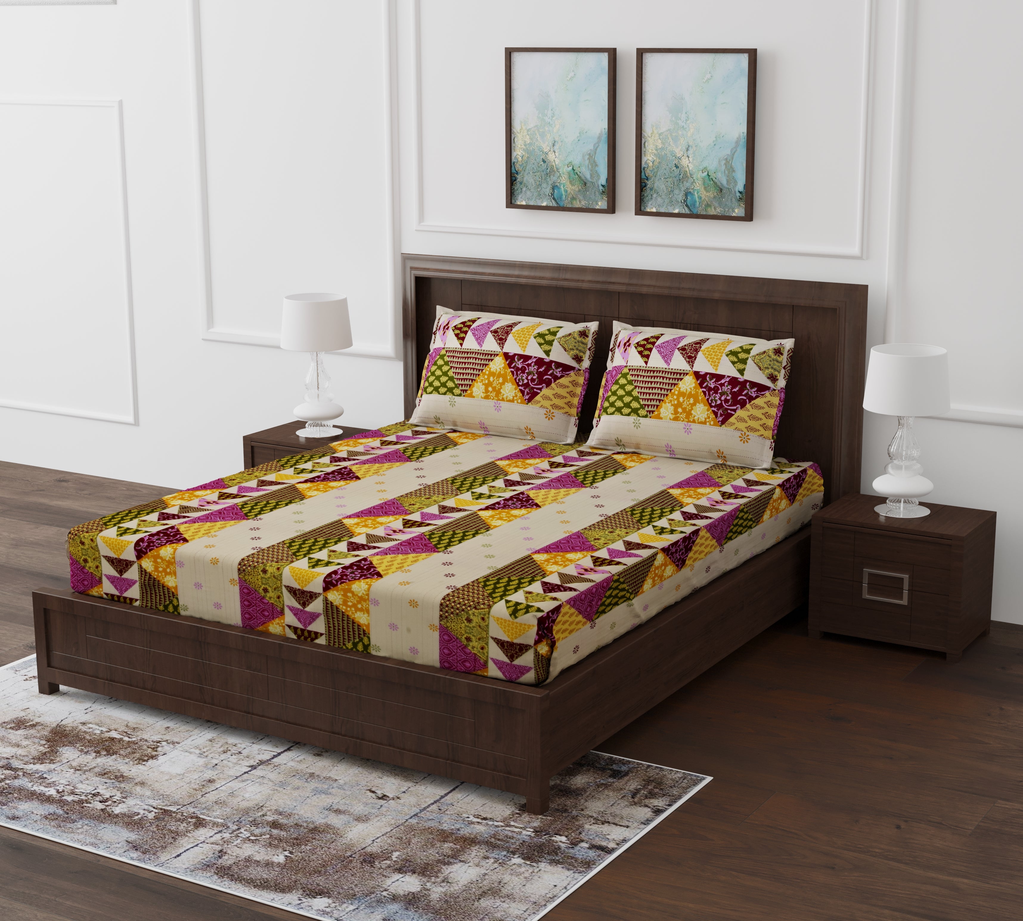 210 TC Premium Luxury Cotton Kantha Patchwork Double Bed King Size Bedsheet (100 In x 108 In) with 2 pillow cover - Brown 6
