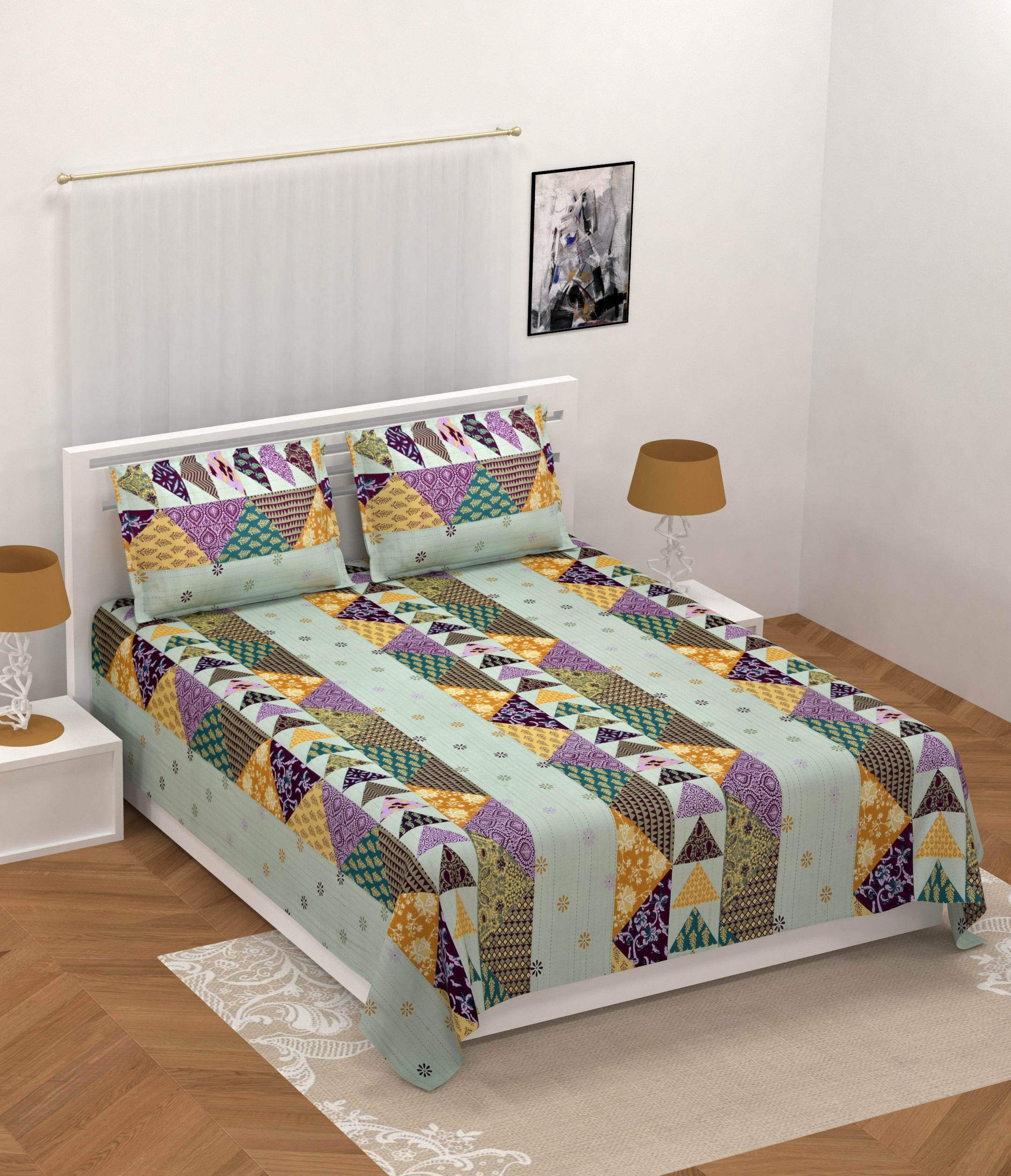 Cotton Kantha Patchwork Printed Designer Double Bed King Size Bedsheet With 2 Pillow Covers