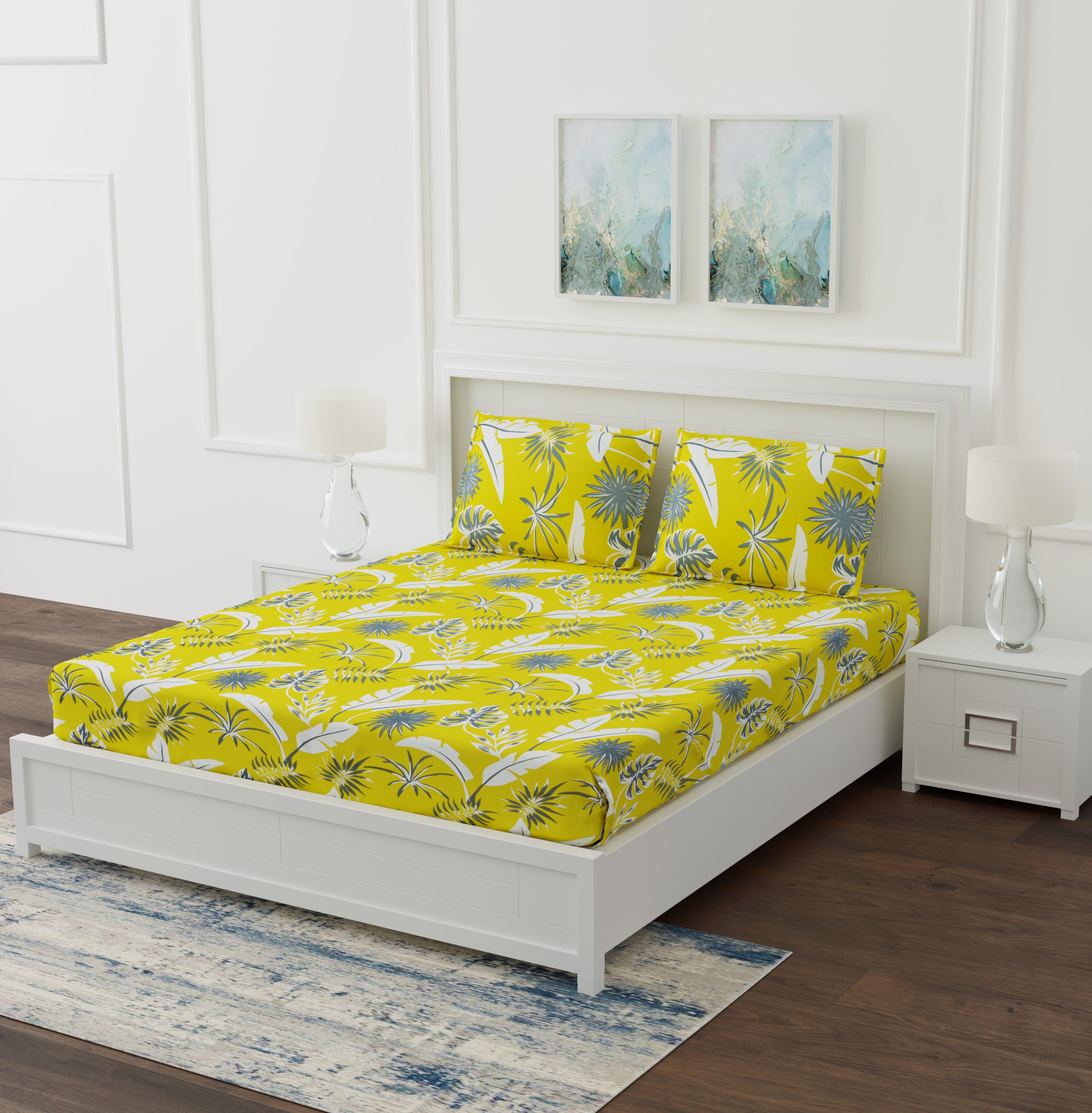 250 TC Pure Cotton Floral Print Premium Double Bed Bedsheet (100 In x 108 In) with 2 pillow cover - Yellow