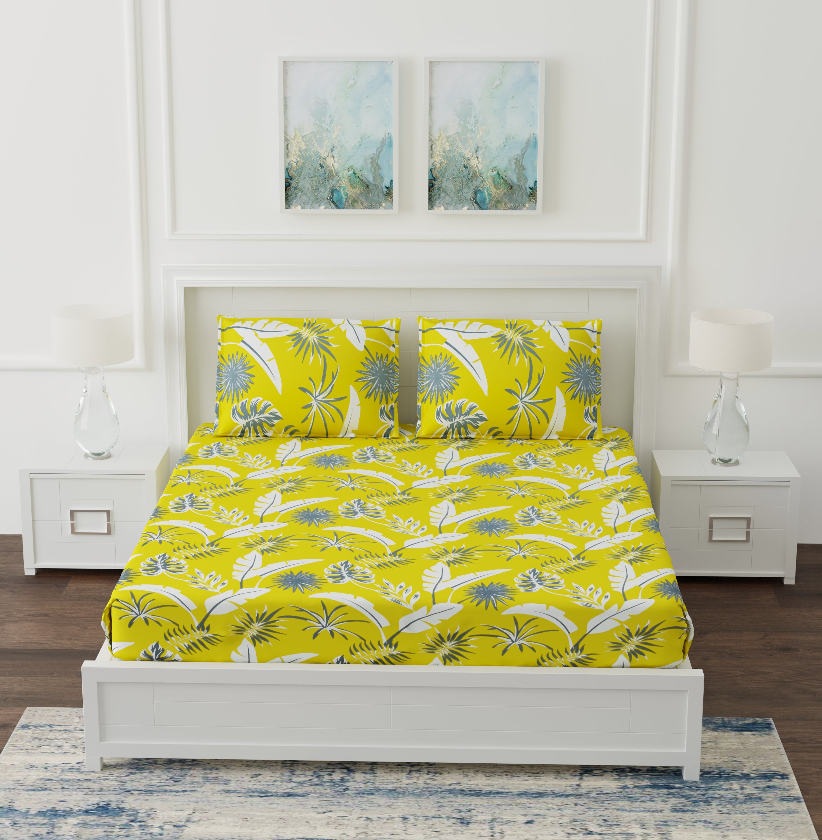 250 TC Pure Cotton Floral Print Premium Double Bed Bedsheet (100 In x 108 In) with 2 pillow cover - Yellow 1