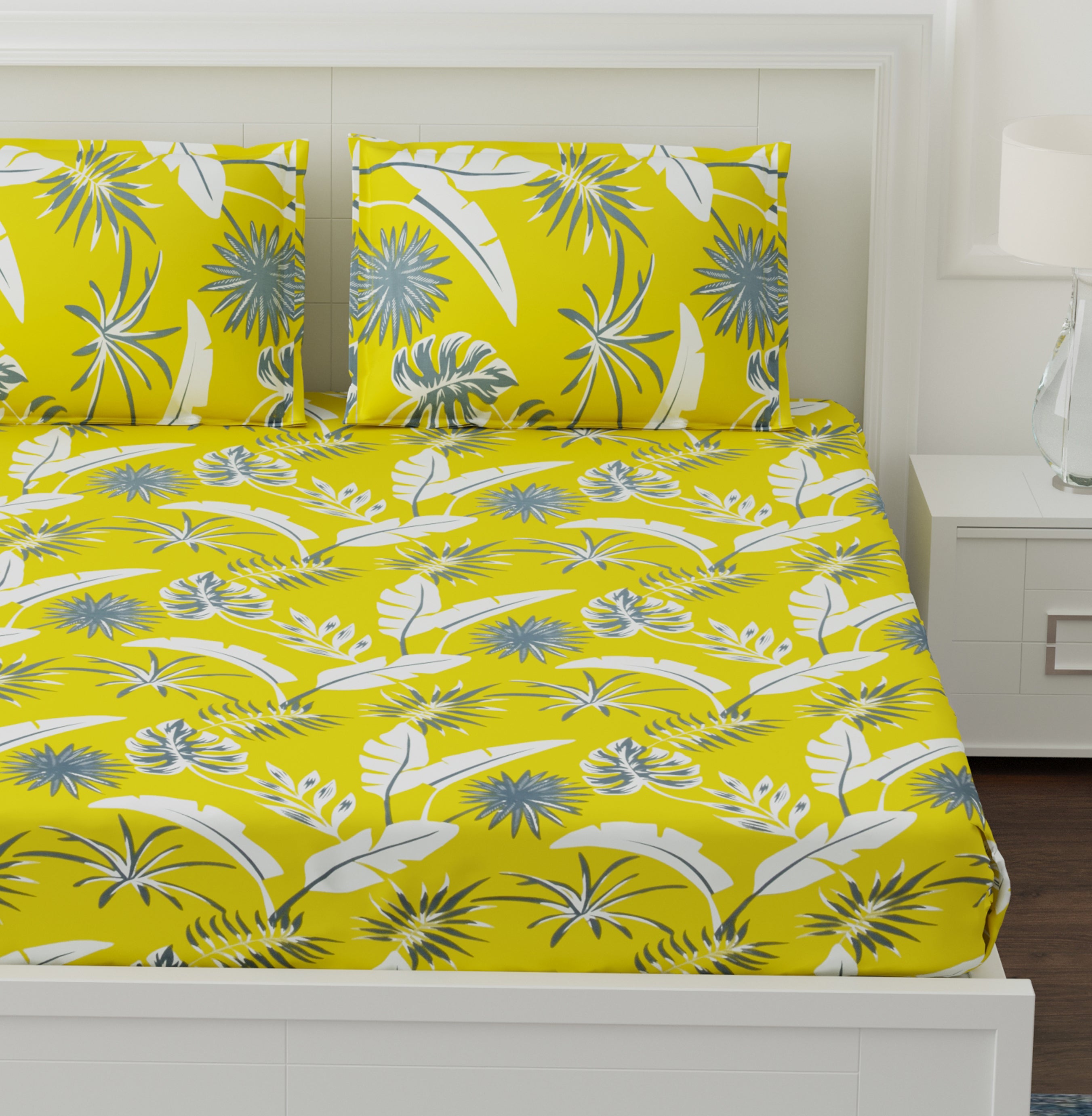 250 TC Pure Cotton Floral Print Premium Double Bed Bedsheet (100 In x 108 In) with 2 pillow cover - Yellow 2