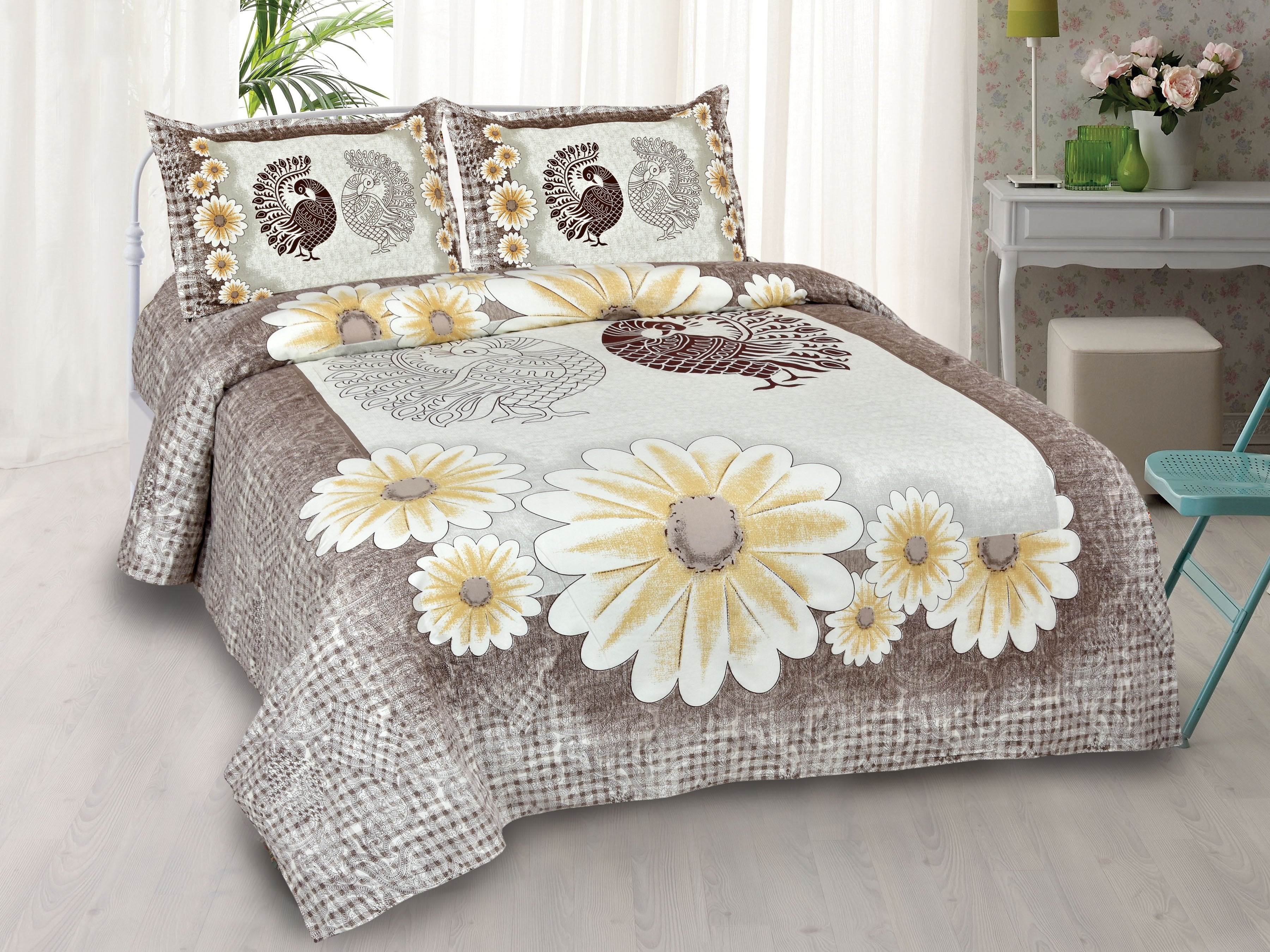 Pure Cotton Sunflower And Peacock Designer Printed Double Bed King Size Bedsheet With 2 Pillow Covers