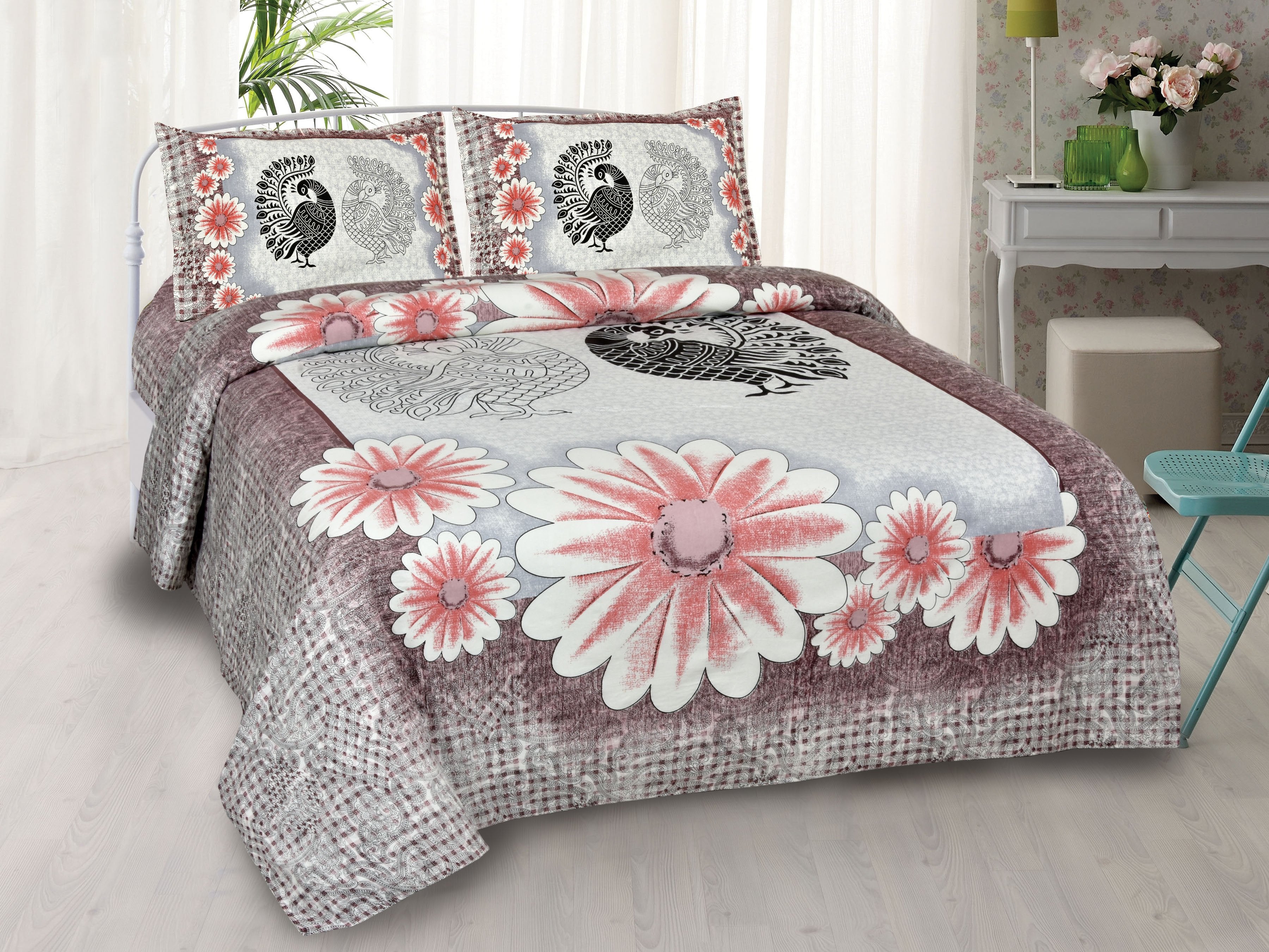 180 TC Pure Cotton Premium Double Bed King Size Sunflower and Peacock Design Bedsheet (100 In x 108 In) with 2 pillow cover - Pink