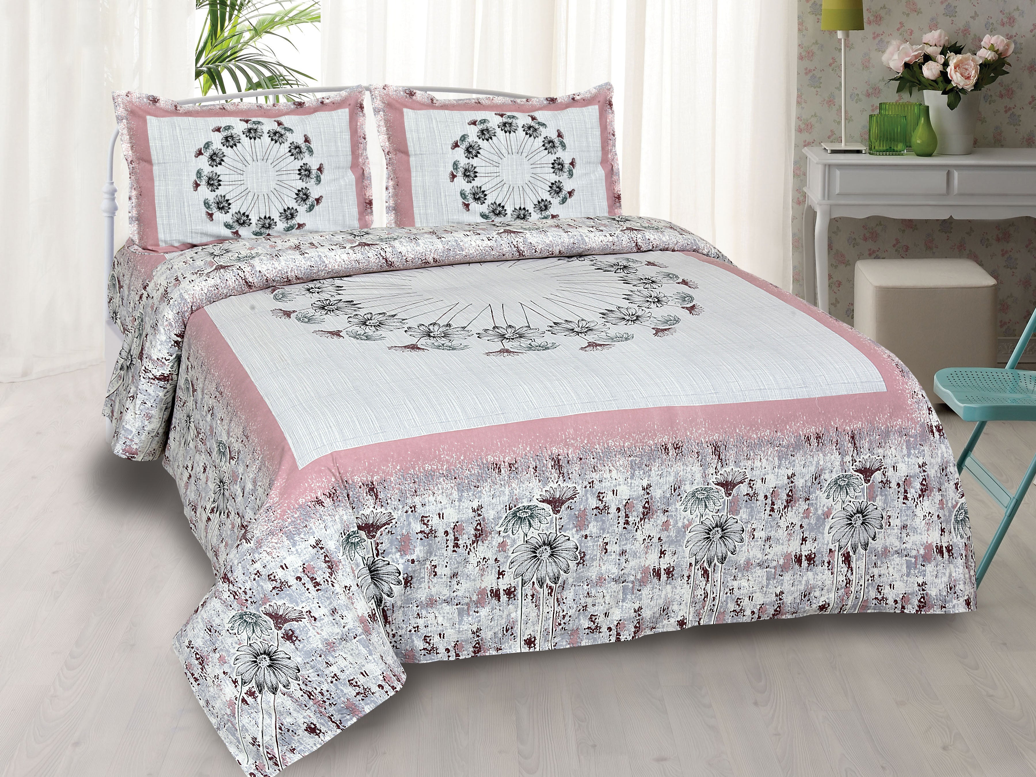 180 TC Pure Cotton Premium Double Bed King Size Floral Design Bedsheet (100 In x 108 In) with 2 pillow cover - Pink