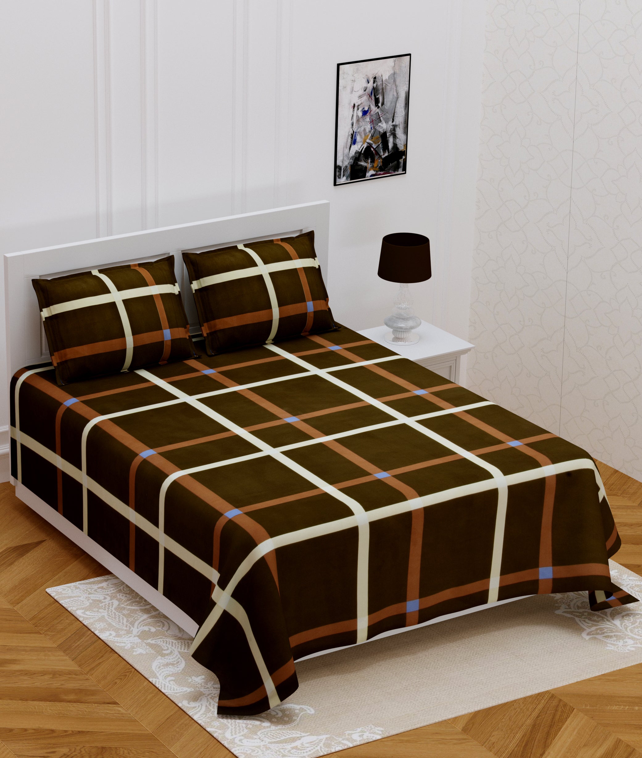 140 TC Glace Cotton Double Bed Geometric Brown Design Bedsheet (90 In x 100 In) with 2 pillow cover