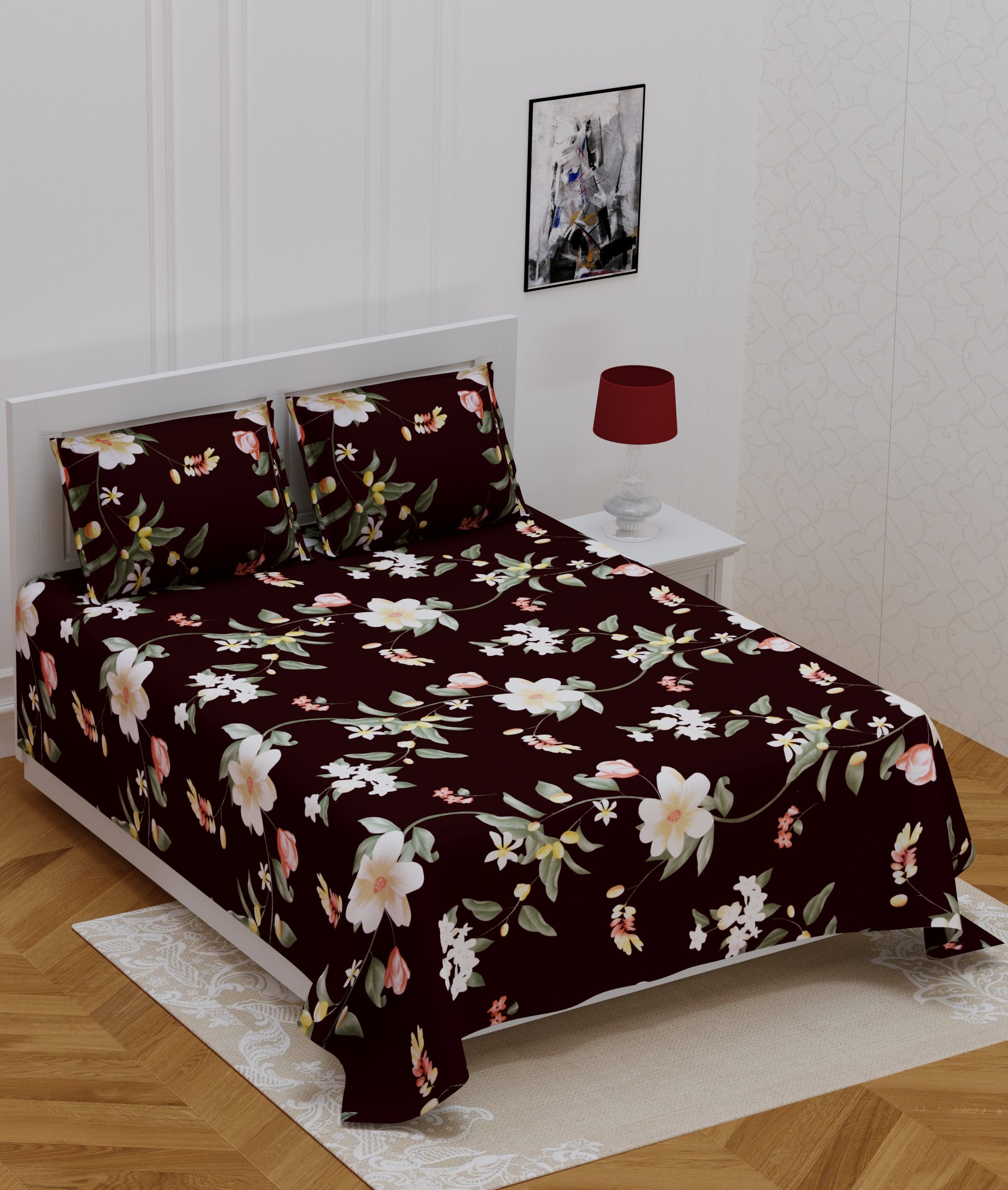 140 TC Glace Cotton Double Bed Multicolor Floral Design Bedsheet (90 In x 100 In) with 2 pillow cover