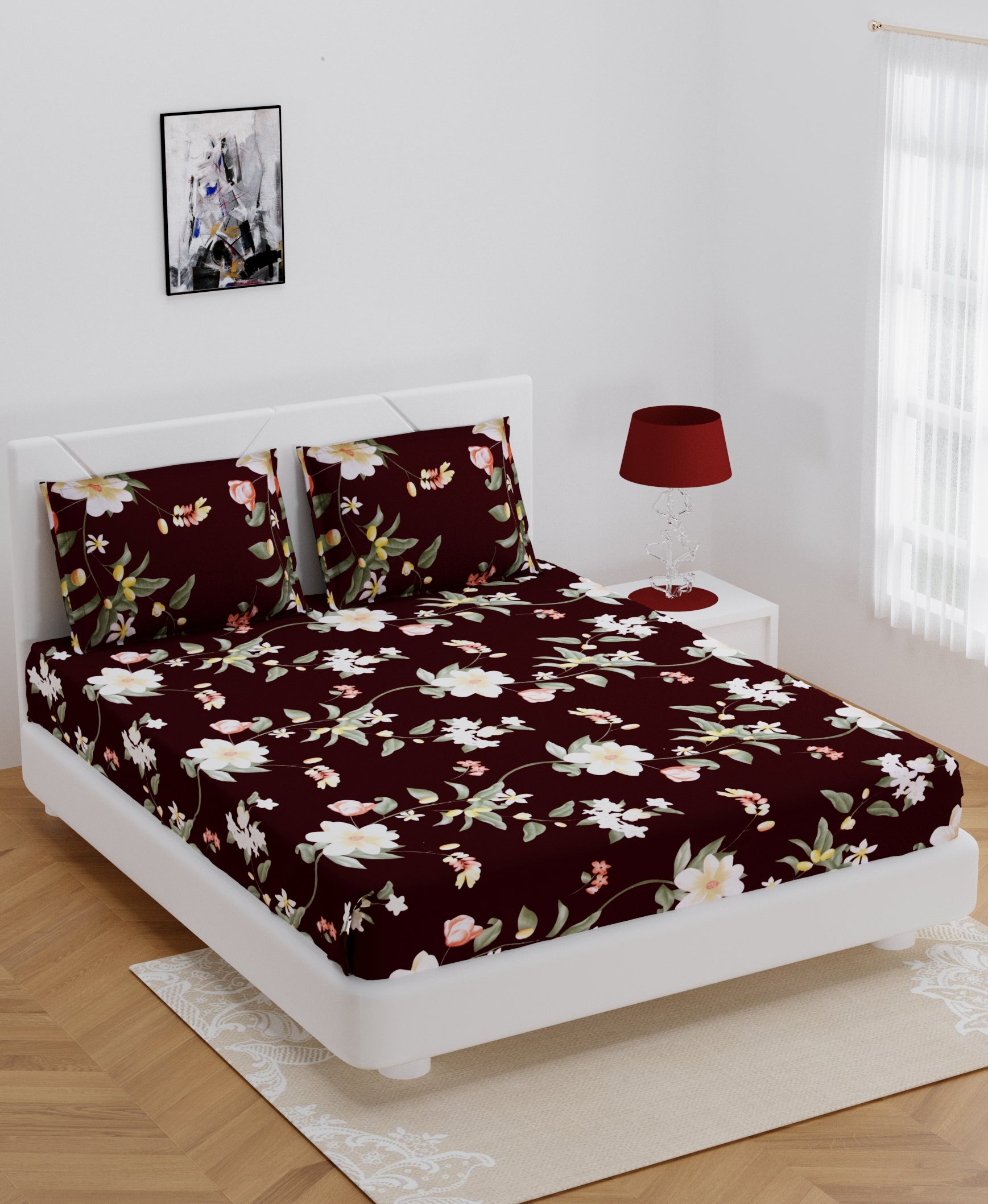 140 TC Glace Cotton Double Bed Multicolor Floral Design Bedsheet (90 In x 100 In) with 2 pillow cover 1