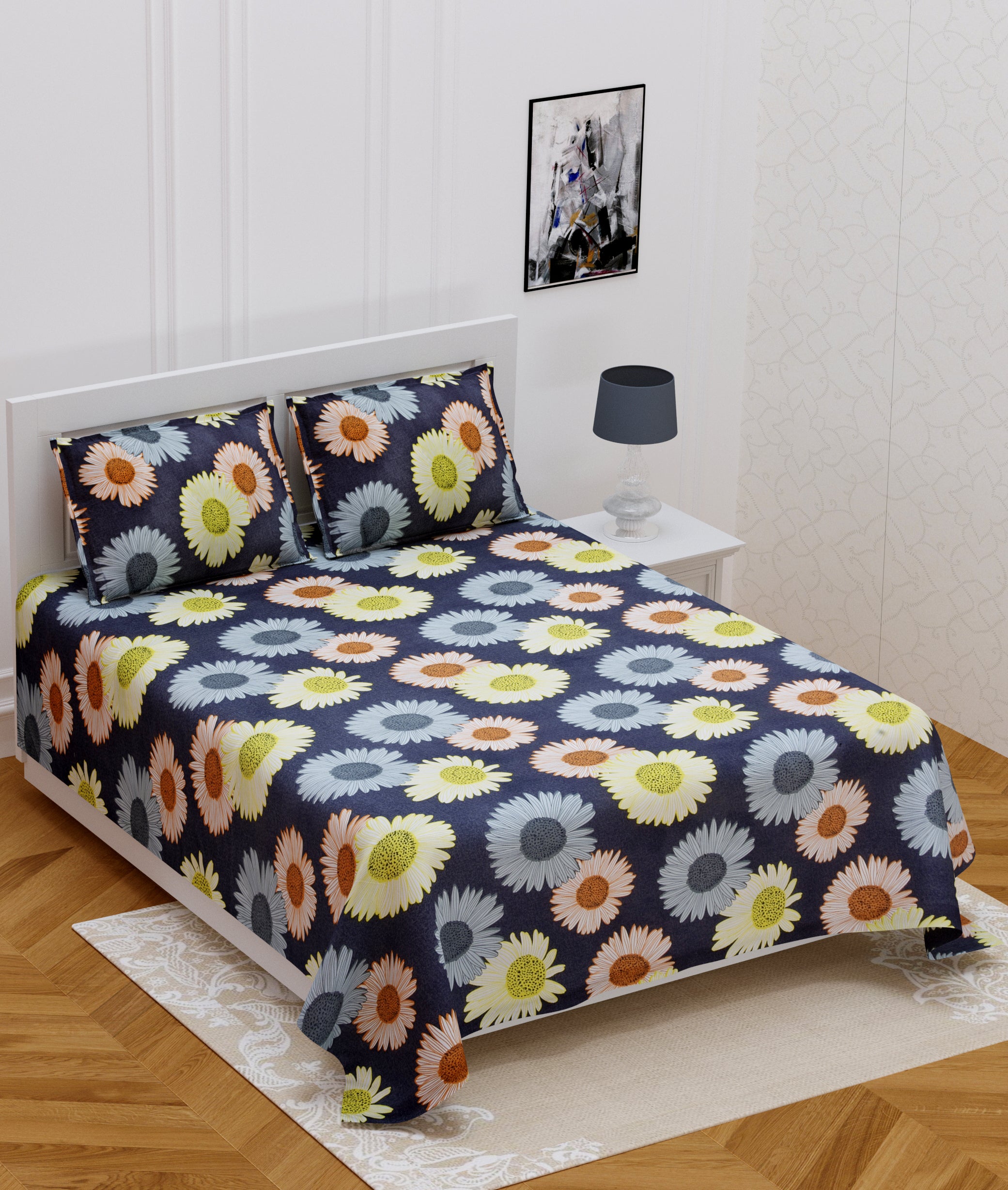 140 TC Glace Cotton Double Bed Multicolor Sunflowers Design Bedsheet (90 In x 100 In) with 2 pillow cover