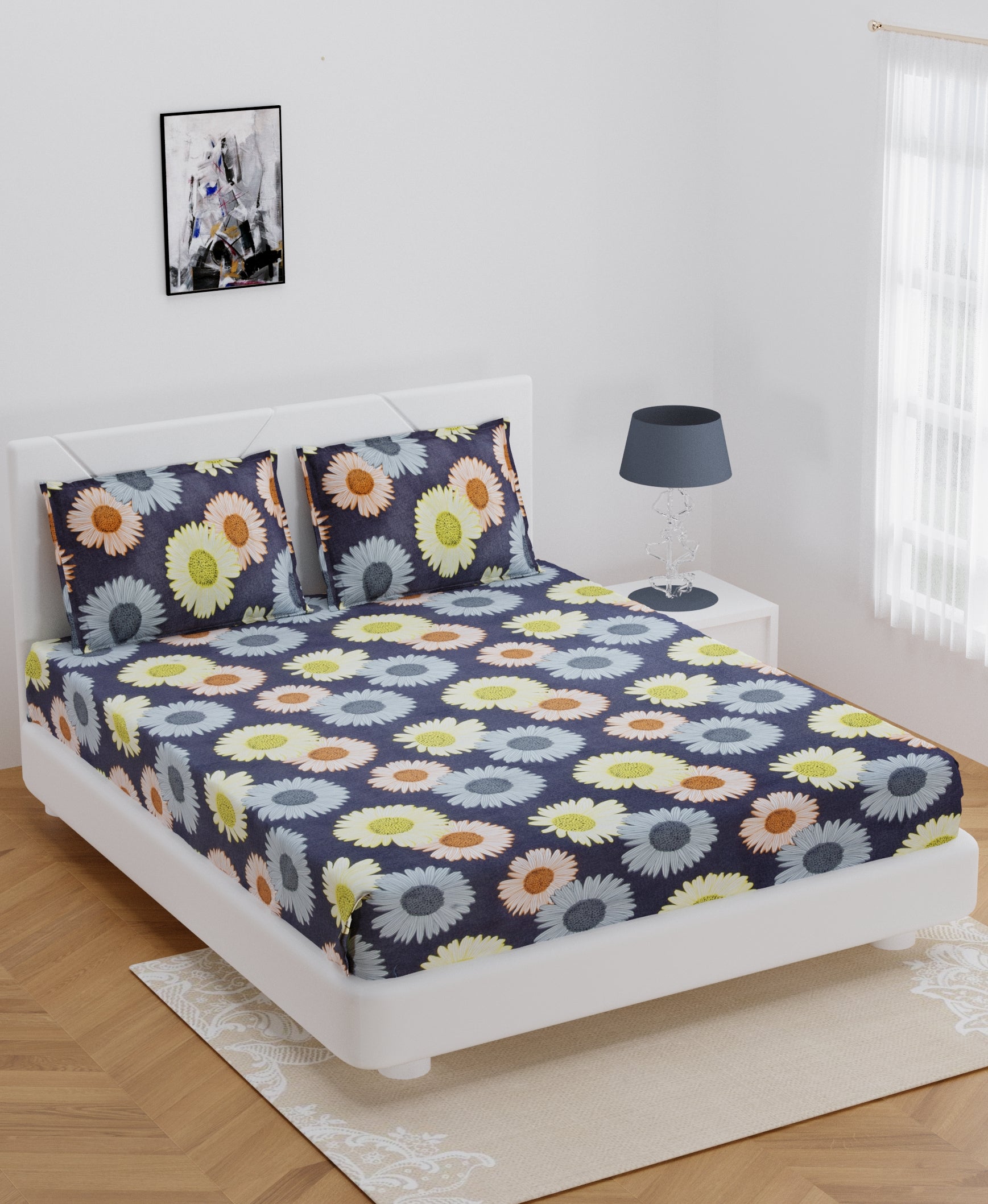 140 TC Glace Cotton Double Bed Multicolor Sunflowers Design Bedsheet (90 In x 100 In) with 2 pillow cover 1