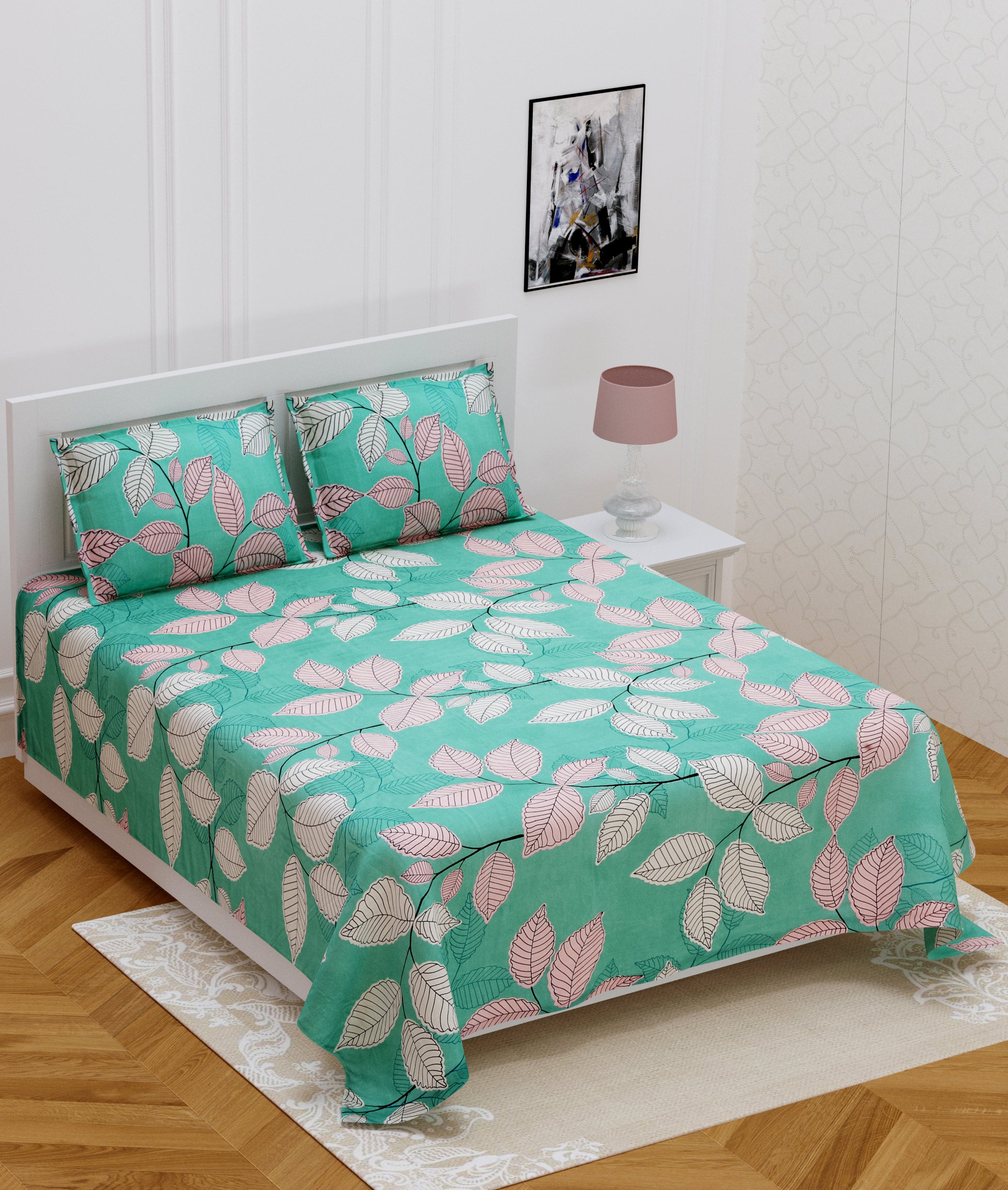 140 TC Glace Cotton Double Bed Green and Pink Leafs Design Bedsheet (90 In x 100 In) with 2 pillow cover