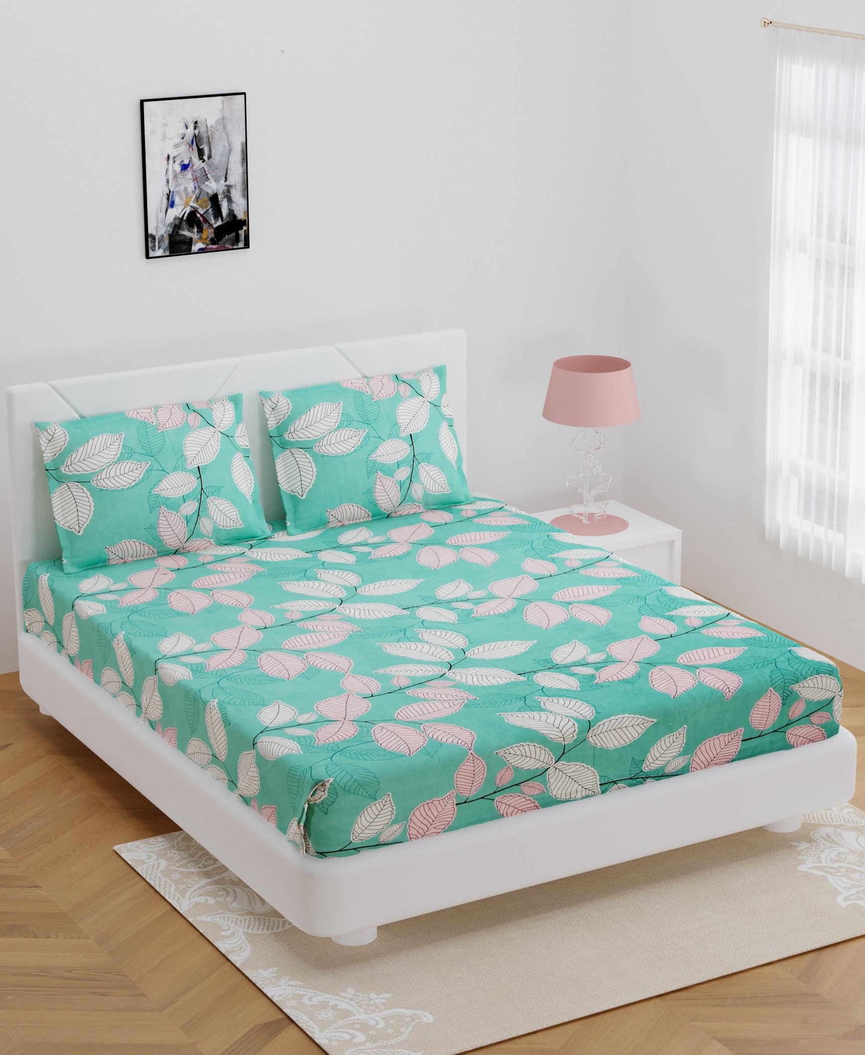 140 TC Glace Cotton Double Bed Green and Pink Leafs Design Bedsheet (90 In x 100 In) with 2 pillow cover 1