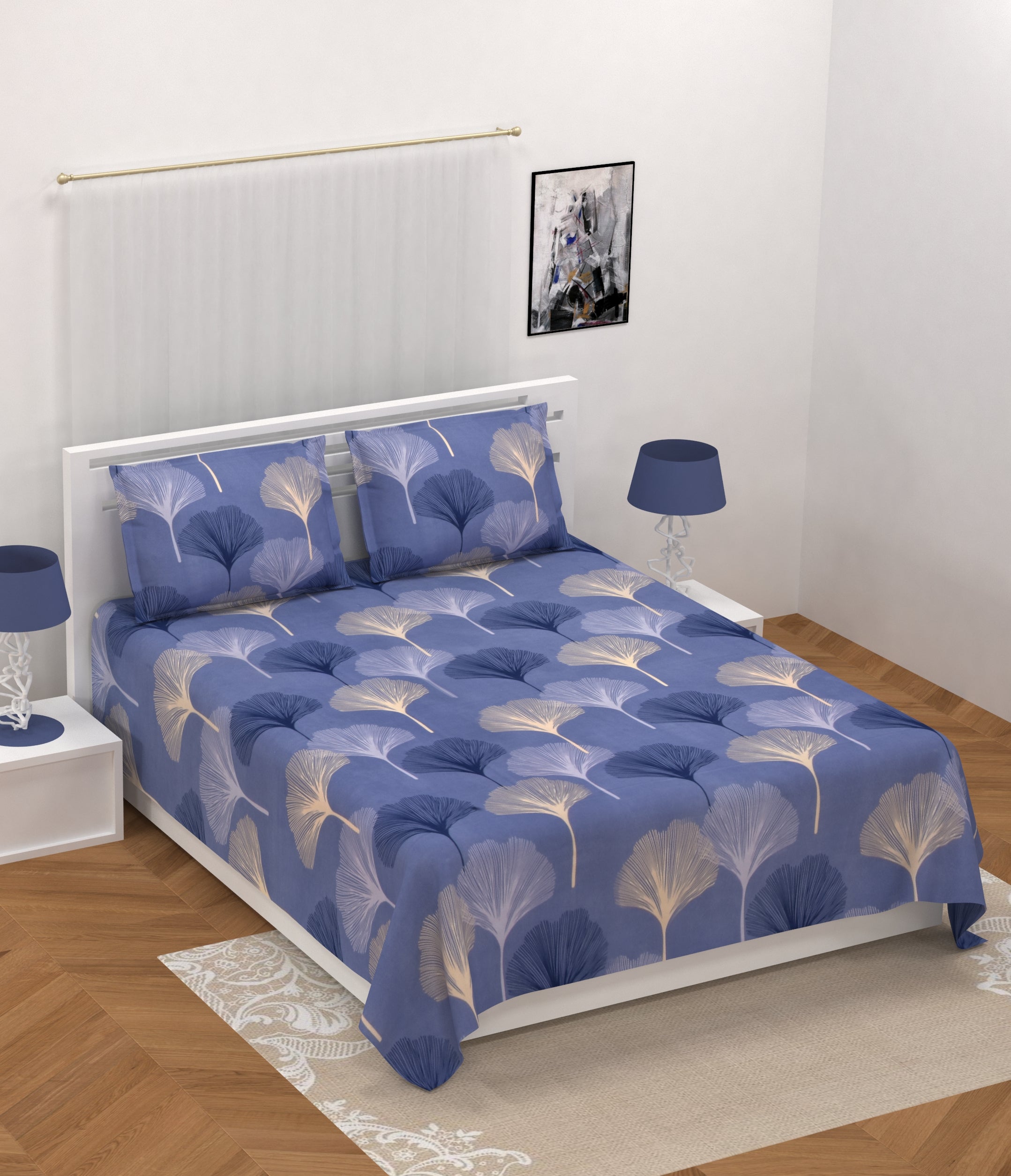 140 TC Glace Cotton Double Bed Blue Abstract Design Bedsheet (90 In x 100 In) with 2 pillow cover