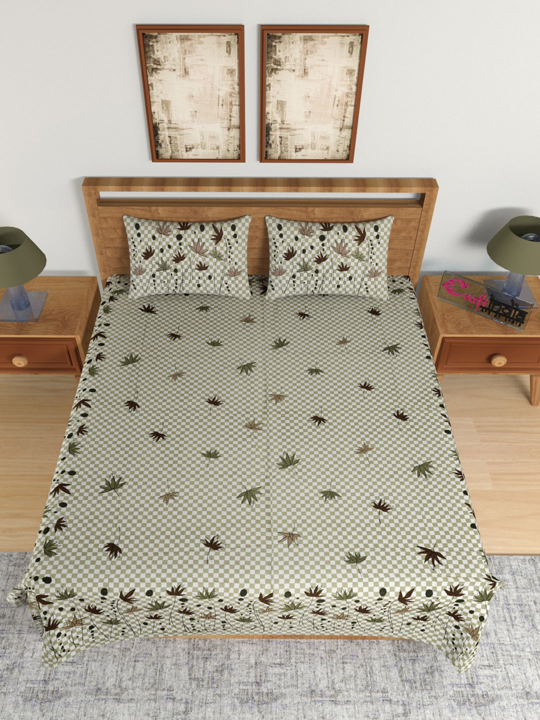 180 TC Pure Cotton Premium Double Bed King Size Floral Design Bedsheet (100 In x 108 In) with 2 pillow cover - Green 2
