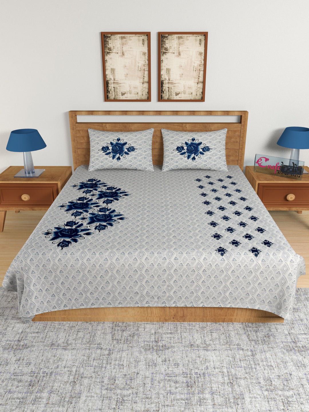 180 TC Pure Cotton Premium Double Bed King Size Floral Design Bedsheet (100 In x 108 In) with 2 pillow cover - Blue 1