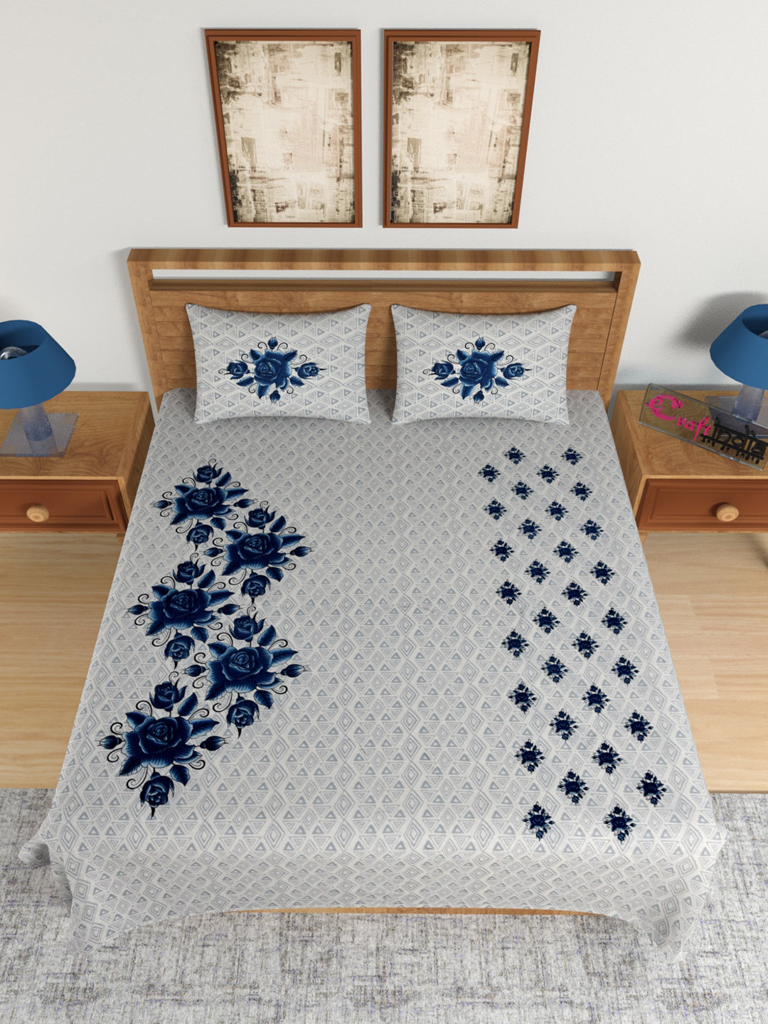 180 TC Pure Cotton Premium Double Bed King Size Floral Design Bedsheet (100 In x 108 In) with 2 pillow cover - Blue 2