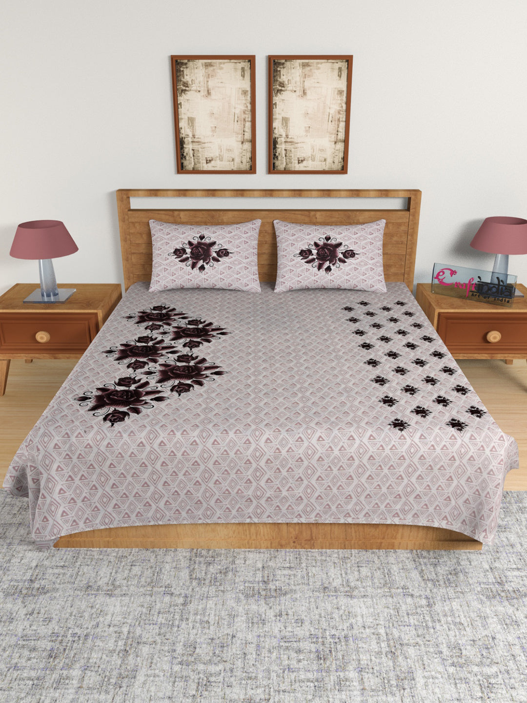 180 TC Pure Cotton Premium Double Bed King Size Floral Design Bedsheet (100 In x 108 In) with 2 pillow cover - Brown 1