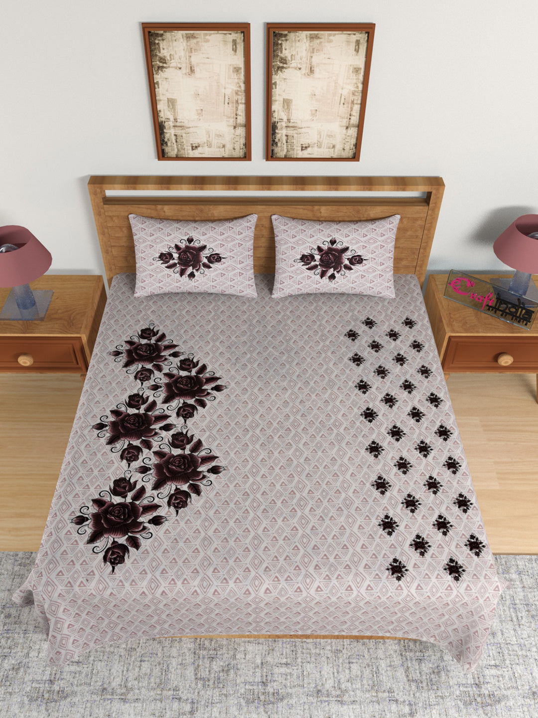 180 TC Pure Cotton Premium Double Bed King Size Floral Design Bedsheet (100 In x 108 In) with 2 pillow cover - Brown 2