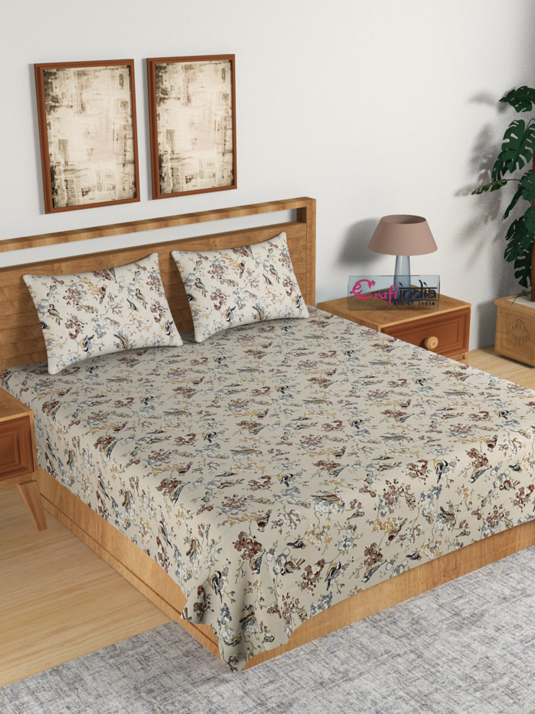 210 TC Pure Cotton Premium Double Bed King Size Birds and Floral Design Bedsheet (100 In x 108 In) with 2 pillow cover - Brown