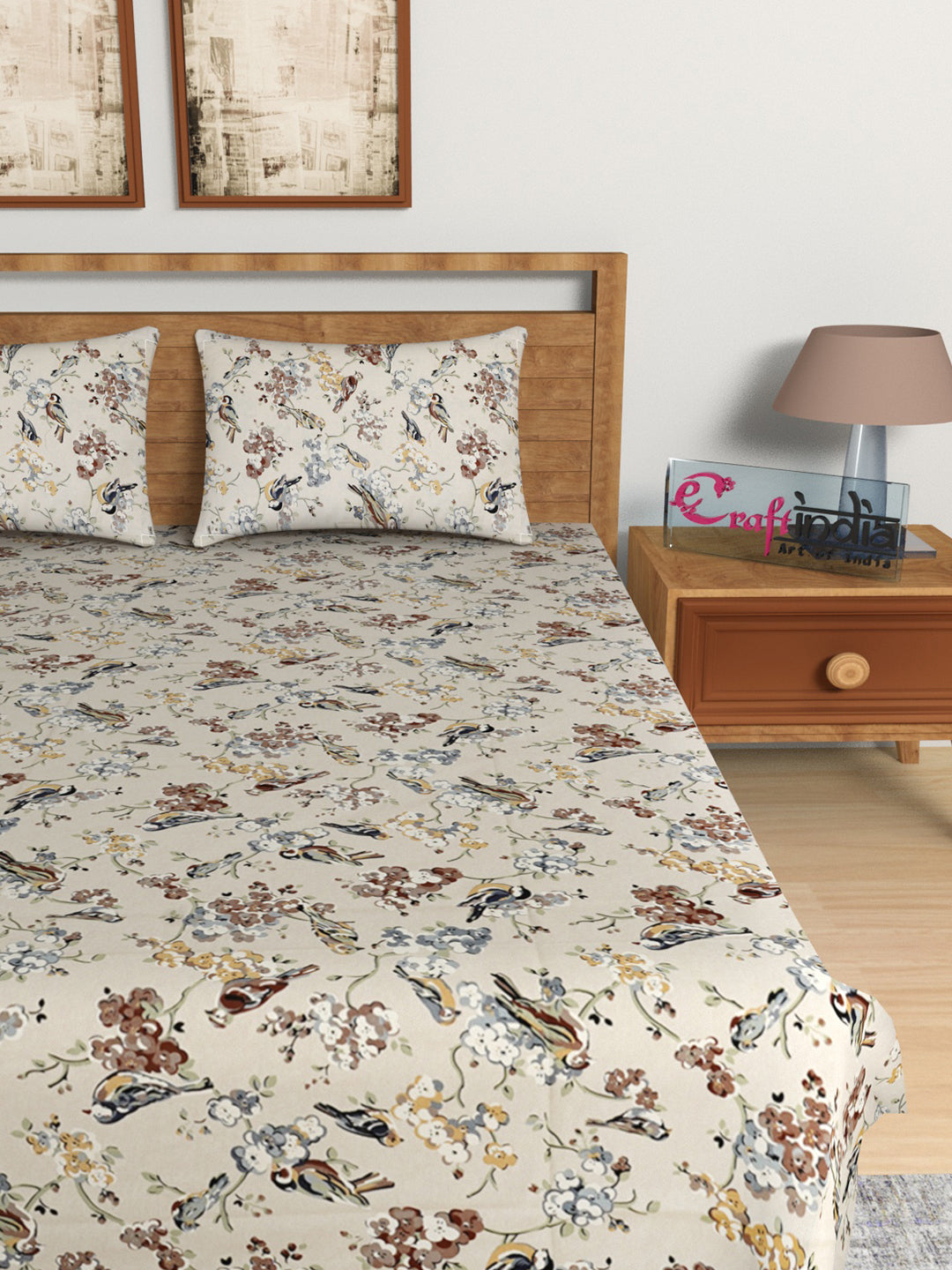 210 TC Pure Cotton Premium Double Bed King Size Birds and Floral Design Bedsheet (100 In x 108 In) with 2 pillow cover - Brown 3