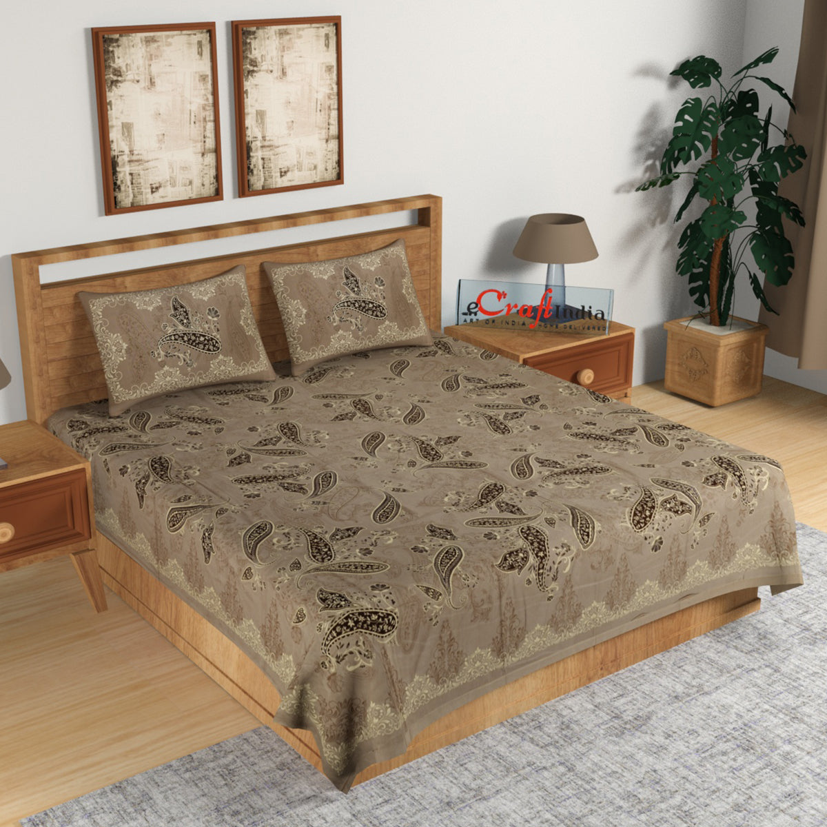 180 TC Pure Cotton Premium Double Bed King Size Floral Design Bedsheet (100 In x 108 In) with 2 pillow cover - Brown