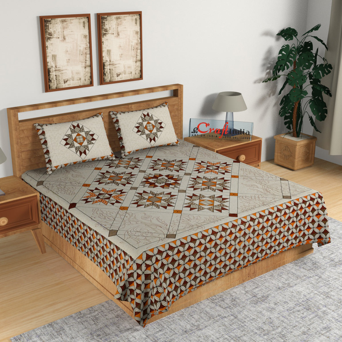 180 TC Pure Cotton Premium Double Bed King Size Geometric Design Bedsheet (100 In x 108 In) with 2 pillow cover - Brown