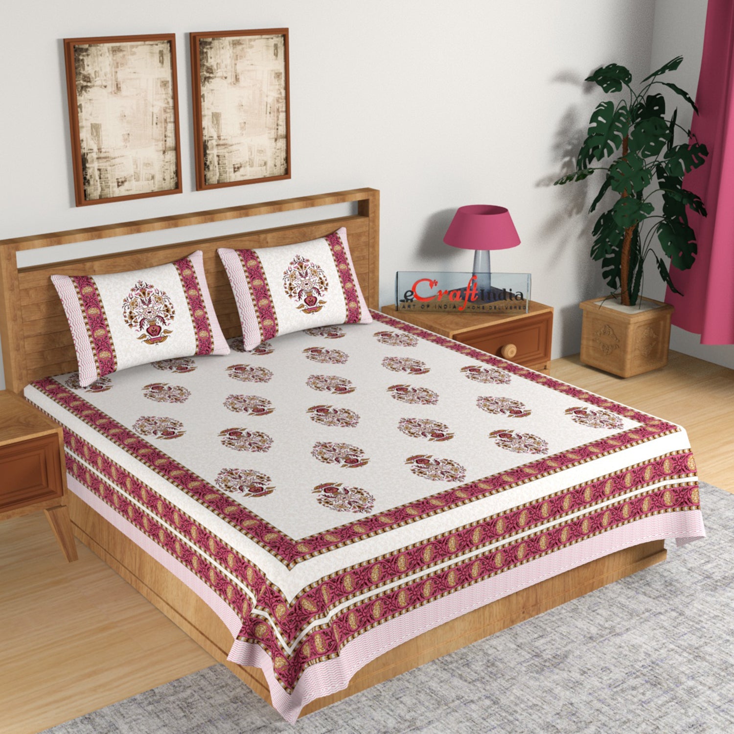 180 TC Pure Cotton Premium Ethnic Jaipuri Floral Print King Size Double Bed Bedsheet (108 In x 108 In) with 2 pillow cover - Pink